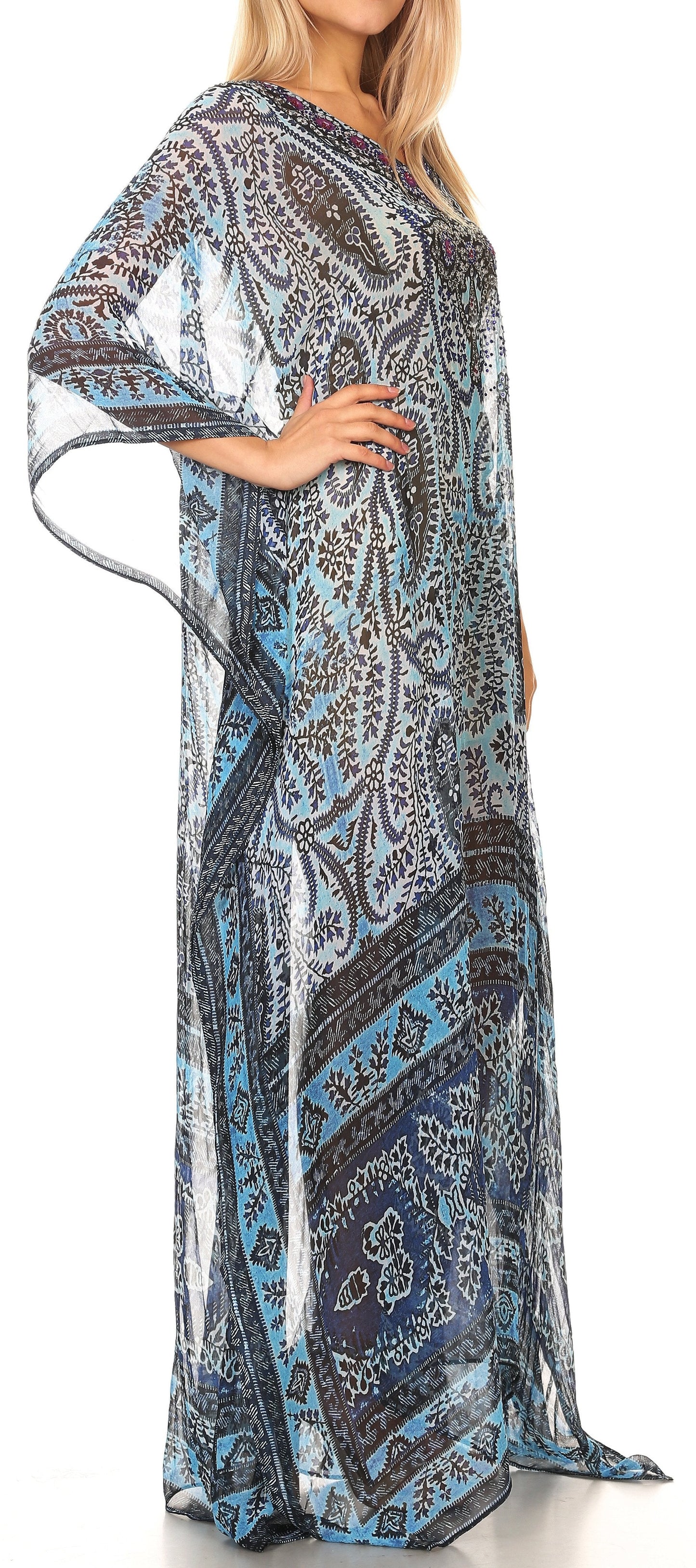 Sakkas Wilder Printed Design Long Sheer Rhinestone Caftan Dress / Cover Up - Concordia Style Boutique