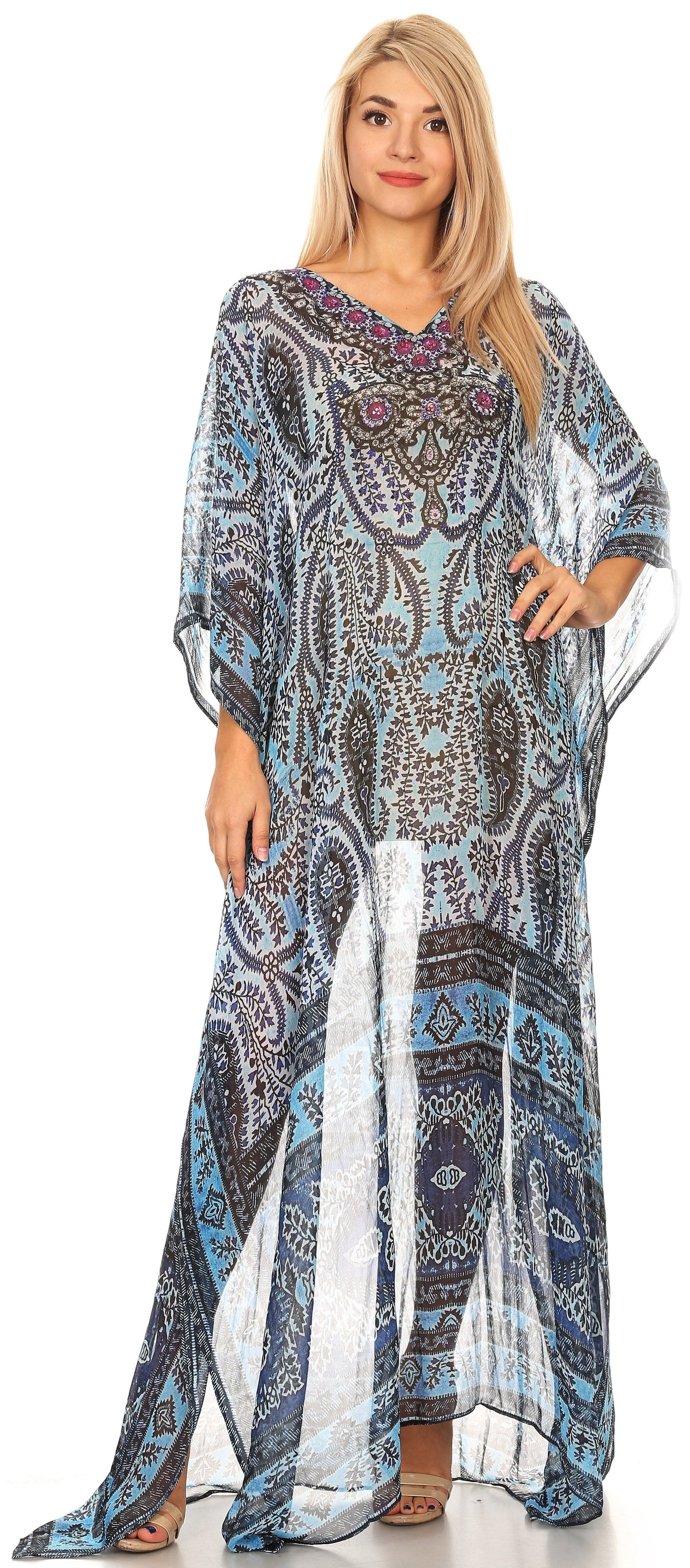 Sakkas Wilder Printed Design Long Sheer Rhinestone Caftan Dress / Cover Up - Concordia Style Boutique