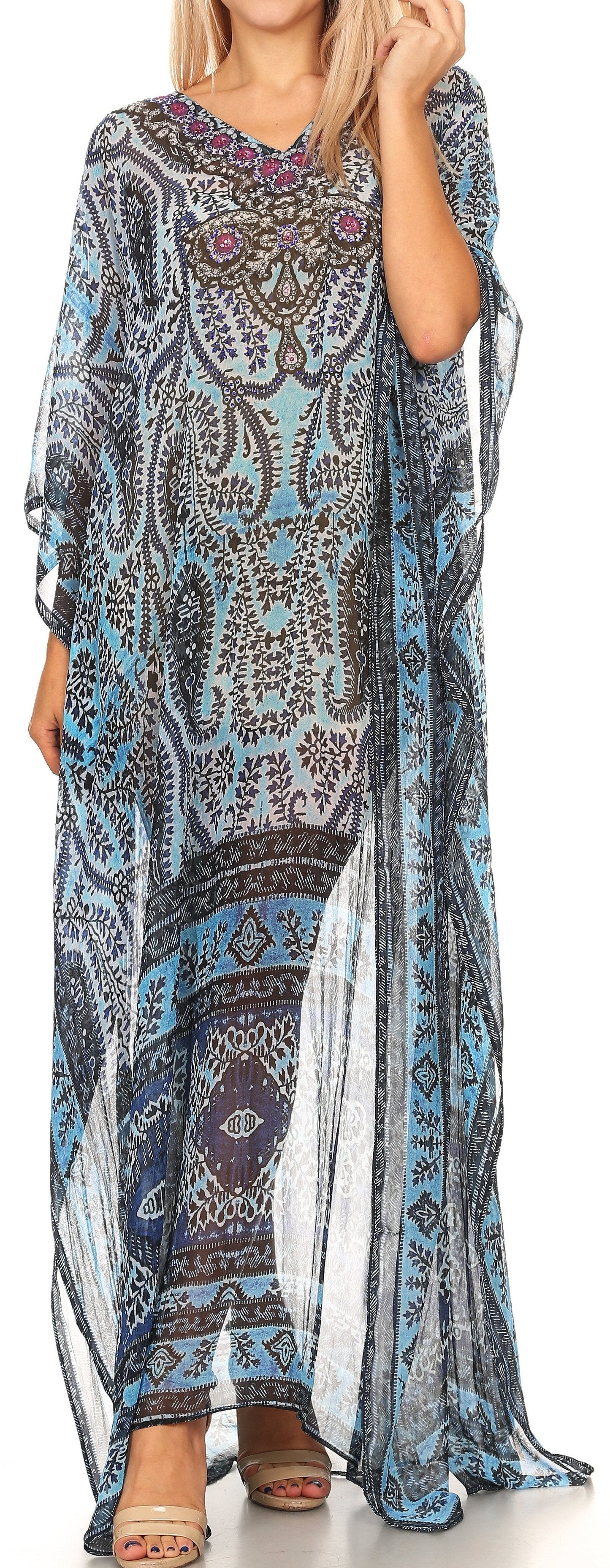 Sakkas Wilder Printed Design Long Sheer Rhinestone Caftan Dress / Cover Up - Concordia Style Boutique