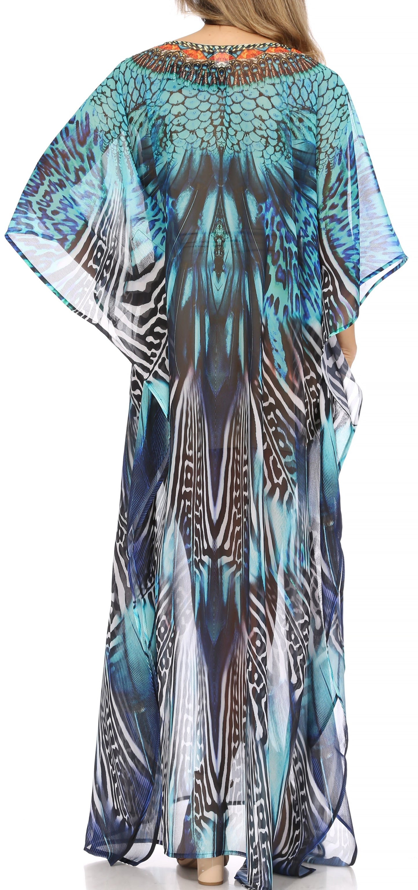 Sakkas Wilder Printed Design Long Sheer Rhinestone Caftan Dress / Cover Up - Concordia Style Boutique