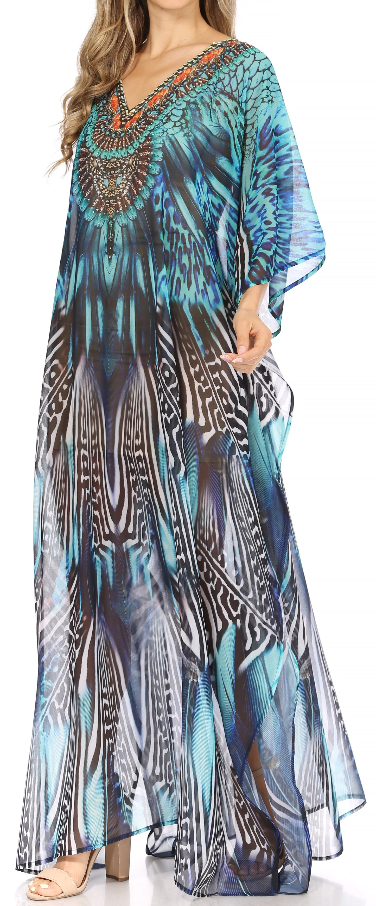Sakkas Wilder Printed Design Long Sheer Rhinestone Caftan Dress / Cover Up - Concordia Style Boutique