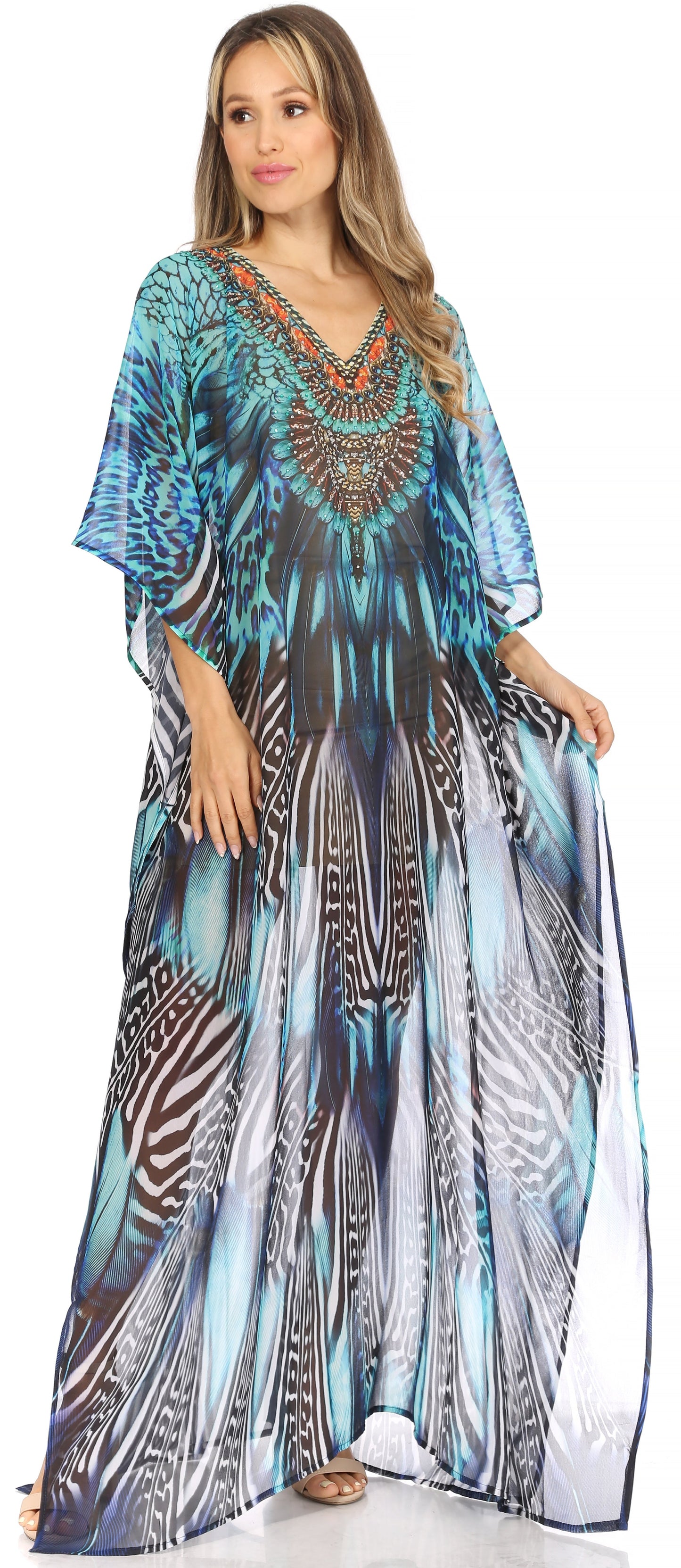 Sakkas Wilder Printed Design Long Sheer Rhinestone Caftan Dress / Cover Up - Concordia Style Boutique
