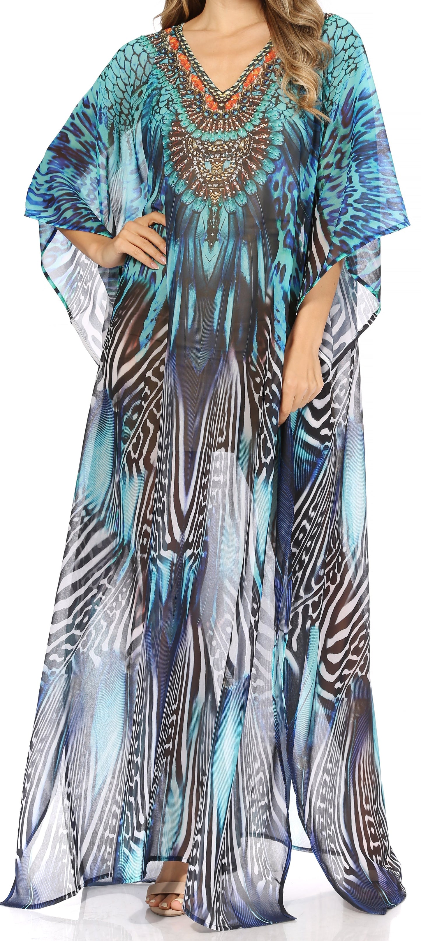 Sakkas Wilder Printed Design Long Sheer Rhinestone Caftan Dress / Cover Up - Concordia Style Boutique