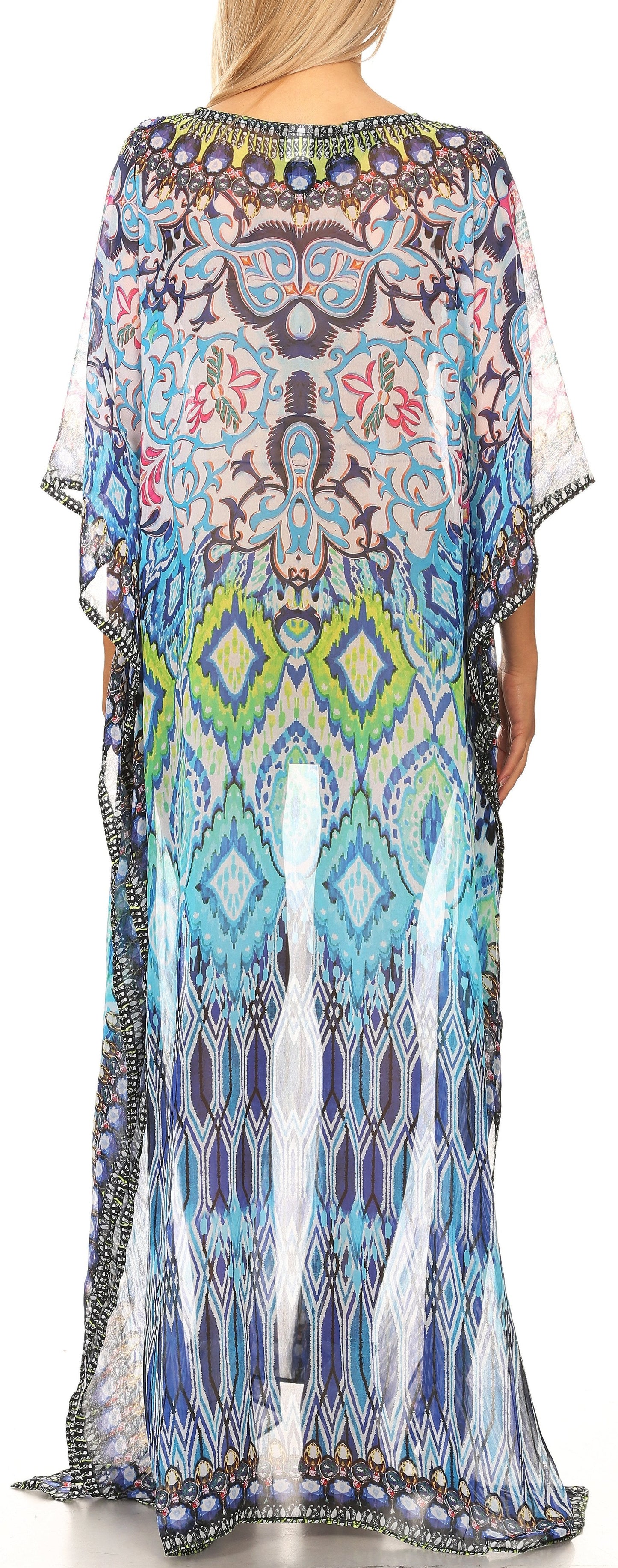 Sakkas Wilder Printed Design Long Sheer Rhinestone Caftan Dress / Cover Up - Concordia Style Boutique