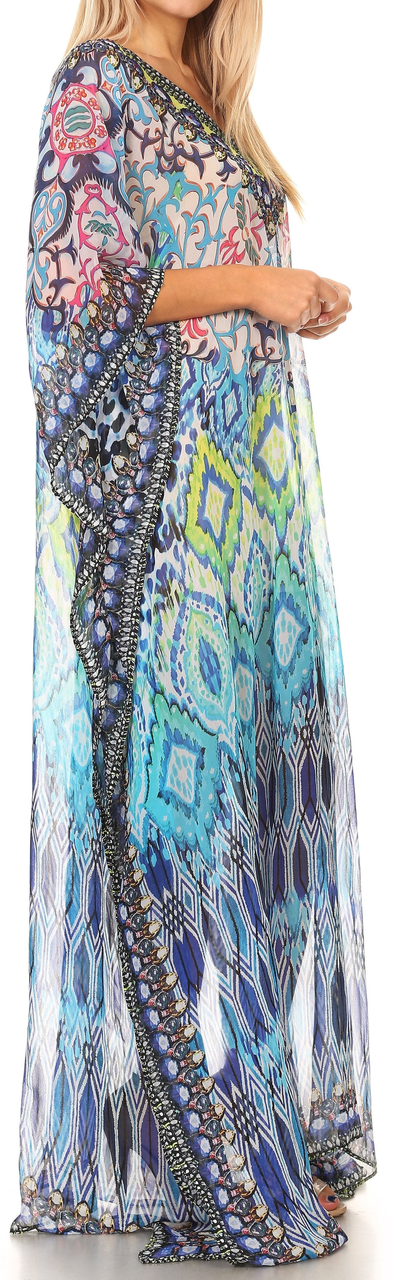 Sakkas Wilder Printed Design Long Sheer Rhinestone Caftan Dress / Cover Up - Concordia Style Boutique