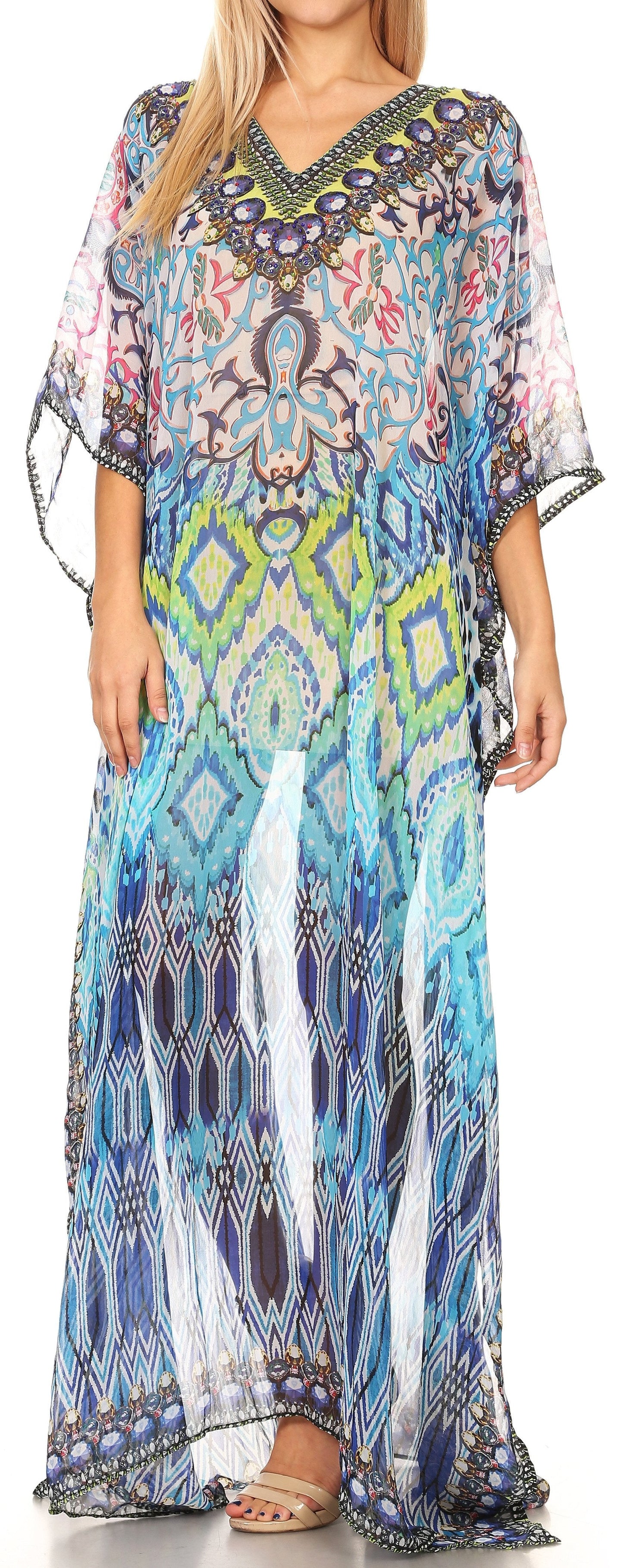 Sakkas Wilder Printed Design Long Sheer Rhinestone Caftan Dress / Cover Up - Concordia Style Boutique