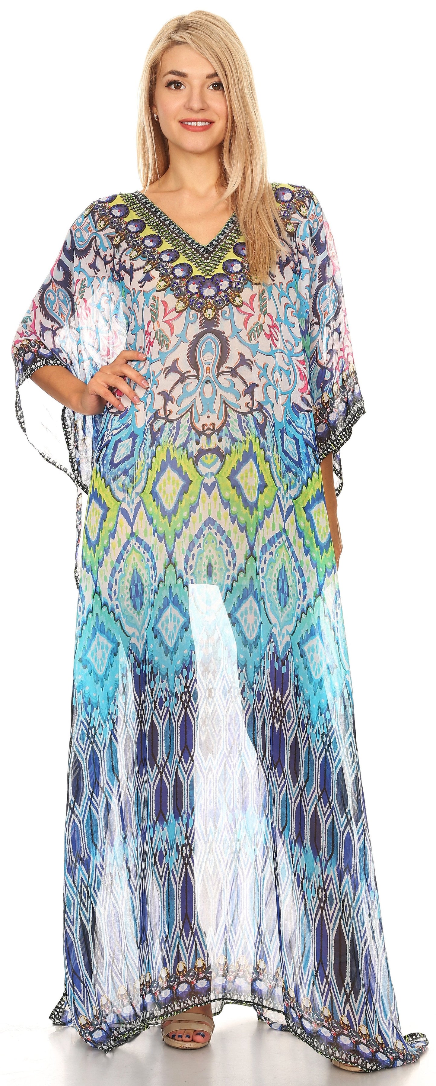 Sakkas Wilder Printed Design Long Sheer Rhinestone Caftan Dress / Cover Up - Concordia Style Boutique