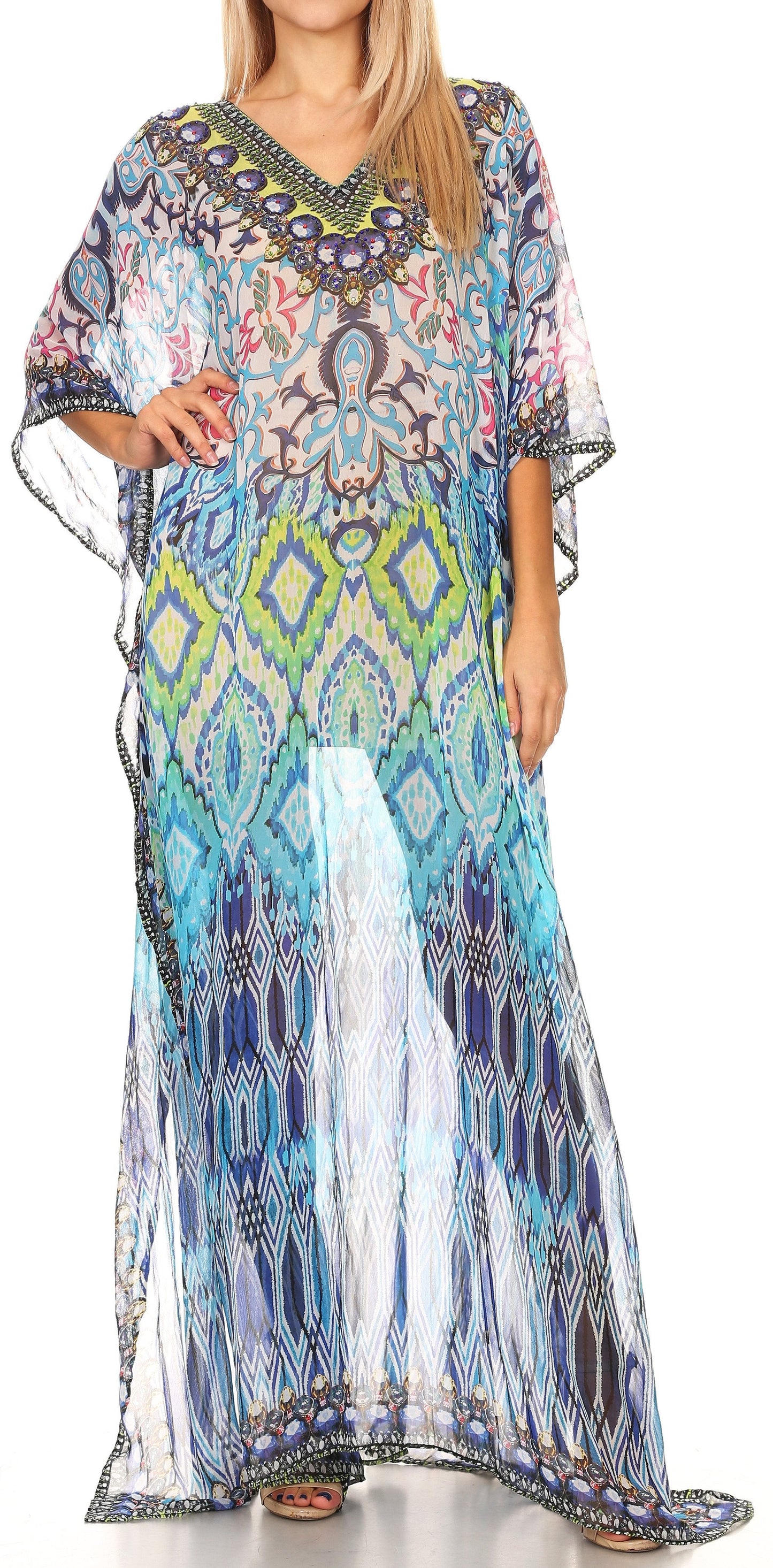 Sakkas Wilder Printed Design Long Sheer Rhinestone Caftan Dress / Cover Up - Concordia Style Boutique