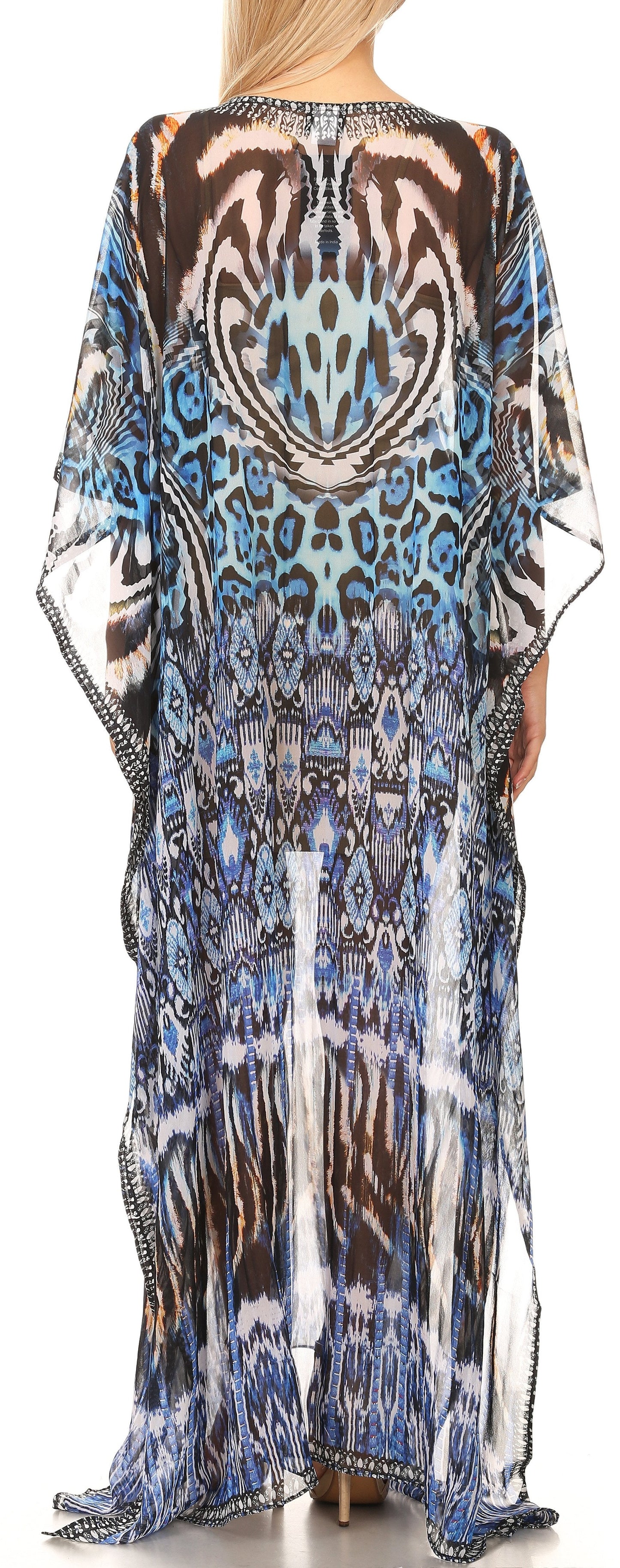 Sakkas Wilder Printed Design Long Sheer Rhinestone Caftan Dress / Cover Up - Concordia Style Boutique