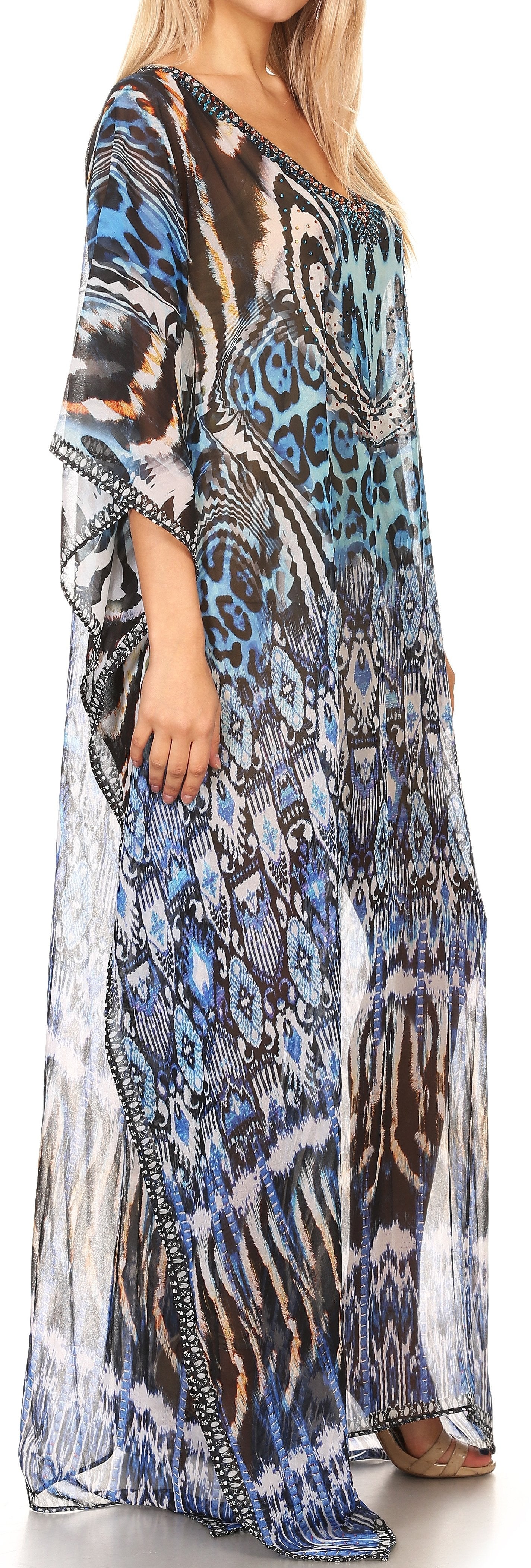 Sakkas Wilder Printed Design Long Sheer Rhinestone Caftan Dress / Cover Up - Concordia Style Boutique