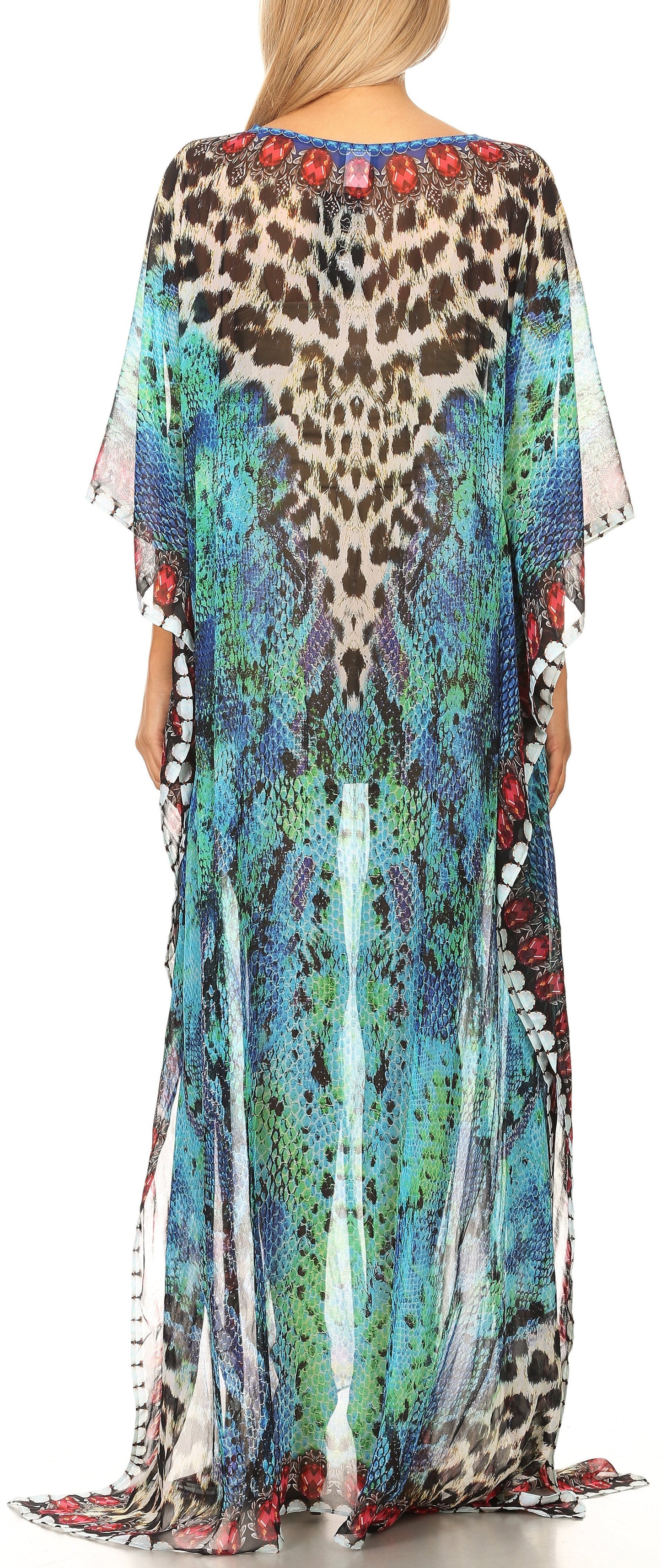 Sakkas Wilder Printed Design Long Sheer Rhinestone Caftan Dress / Cover Up - Concordia Style Boutique