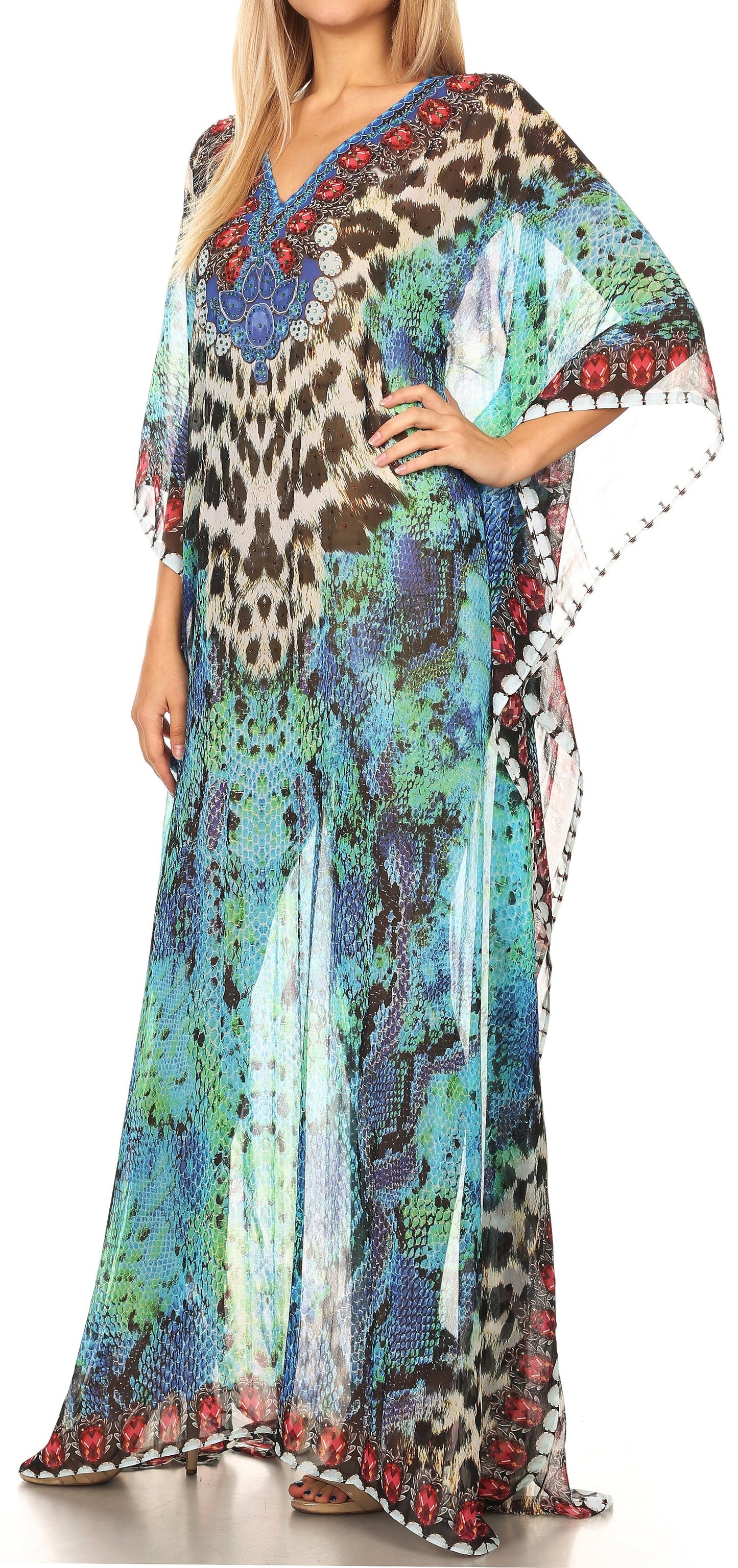 Sakkas Wilder Printed Design Long Sheer Rhinestone Caftan Dress / Cover Up - Concordia Style Boutique