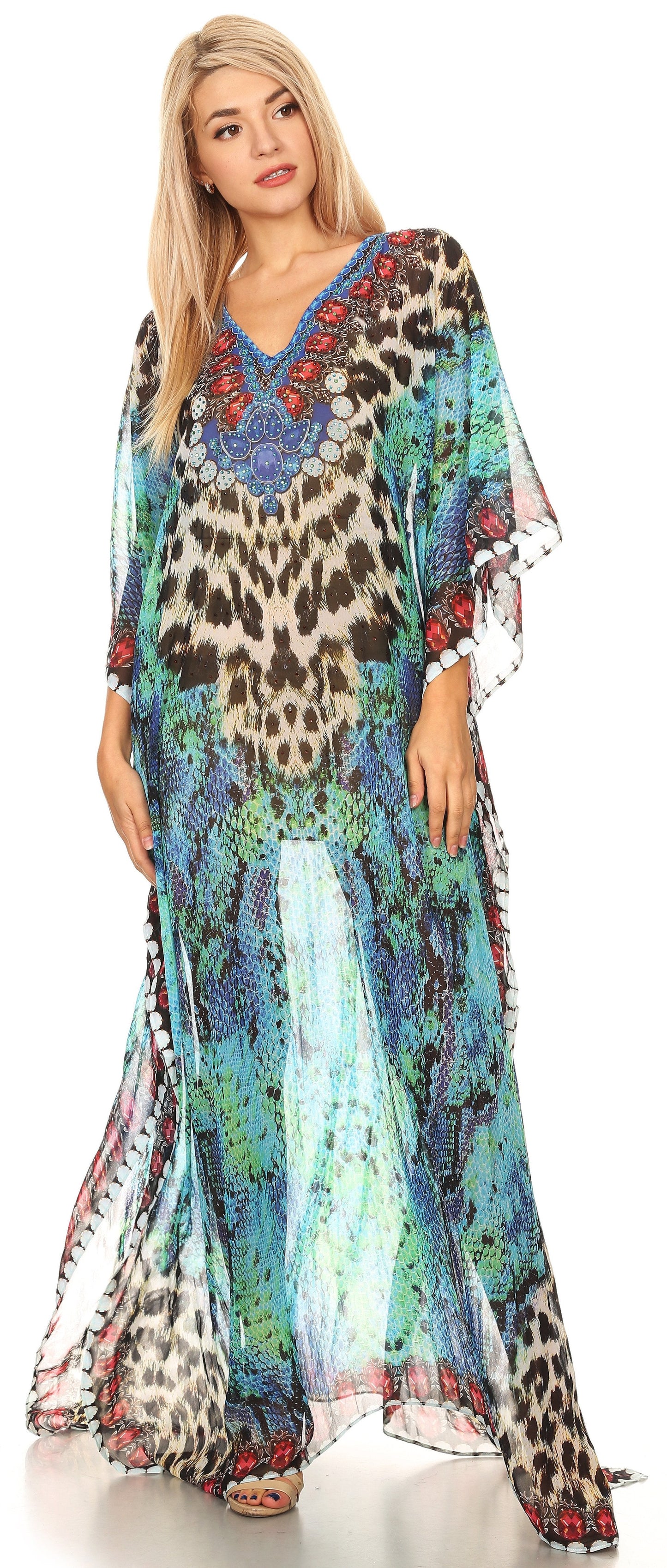 Sakkas Wilder Printed Design Long Sheer Rhinestone Caftan Dress / Cover Up - Concordia Style Boutique