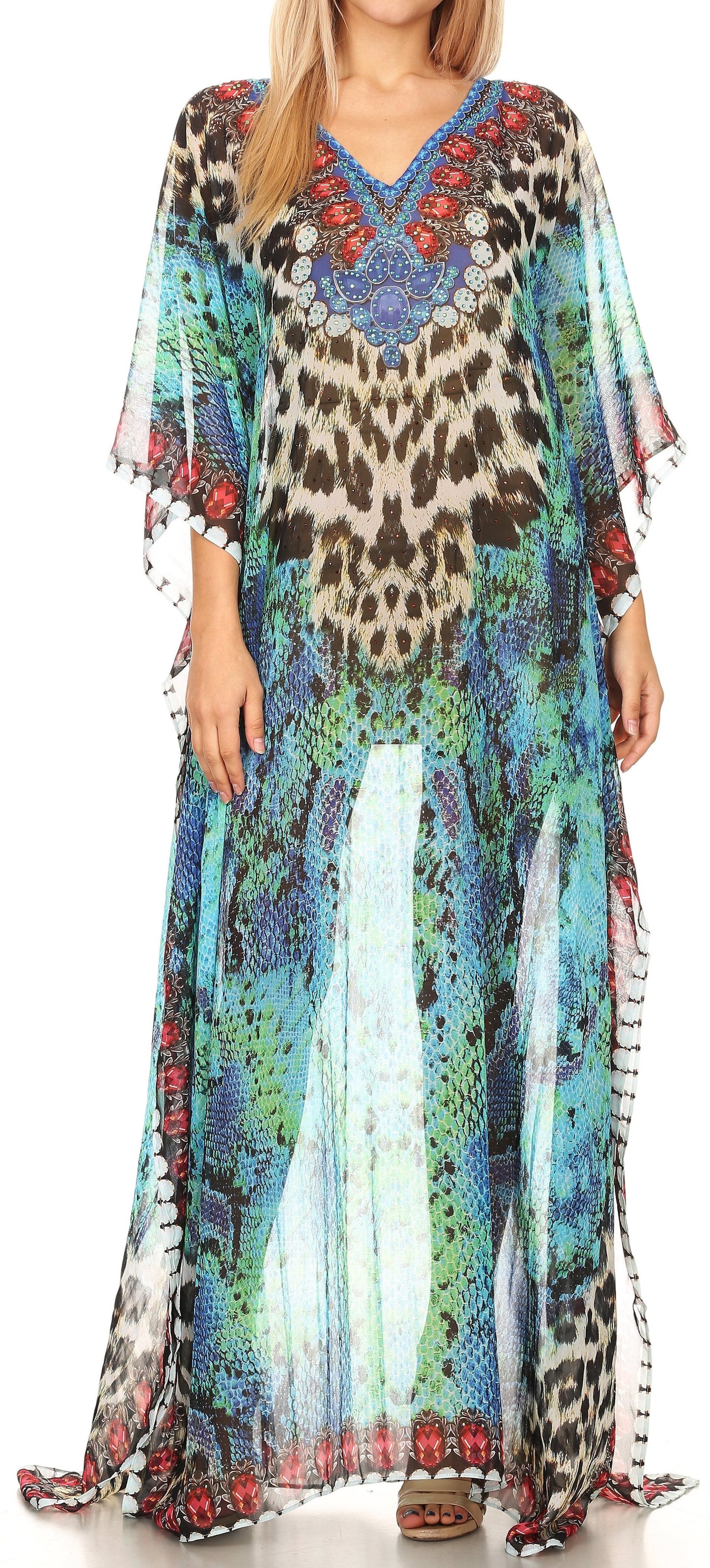 Sakkas Wilder Printed Design Long Sheer Rhinestone Caftan Dress / Cover Up - Concordia Style Boutique