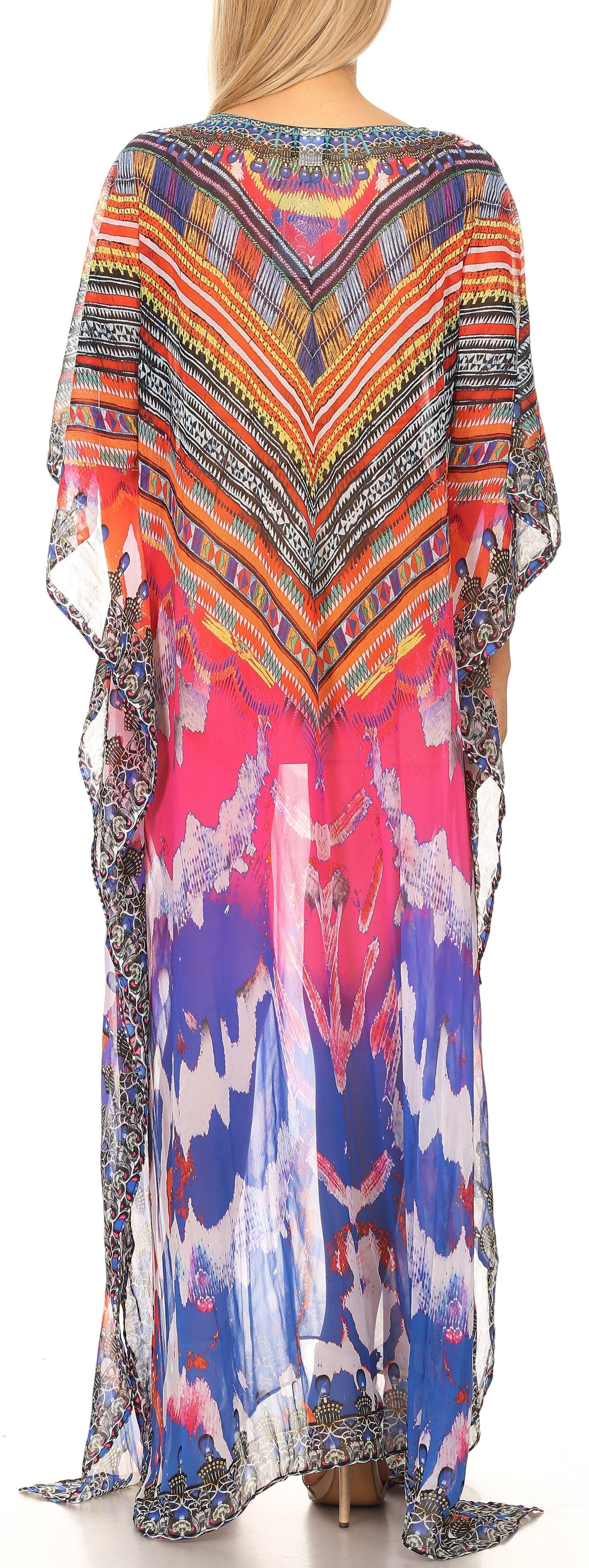 Sakkas Wilder Printed Design Long Sheer Rhinestone Caftan Dress / Cover Up - Concordia Style Boutique