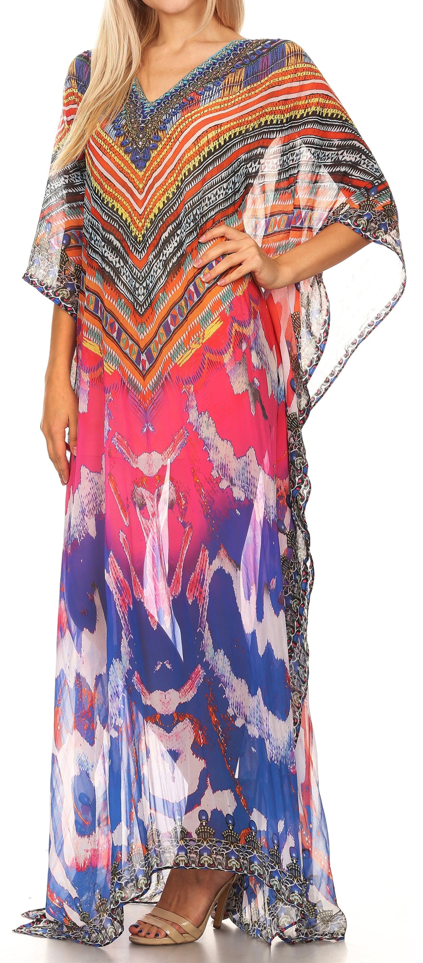 Sakkas Wilder Printed Design Long Sheer Rhinestone Caftan Dress / Cover Up - Concordia Style Boutique