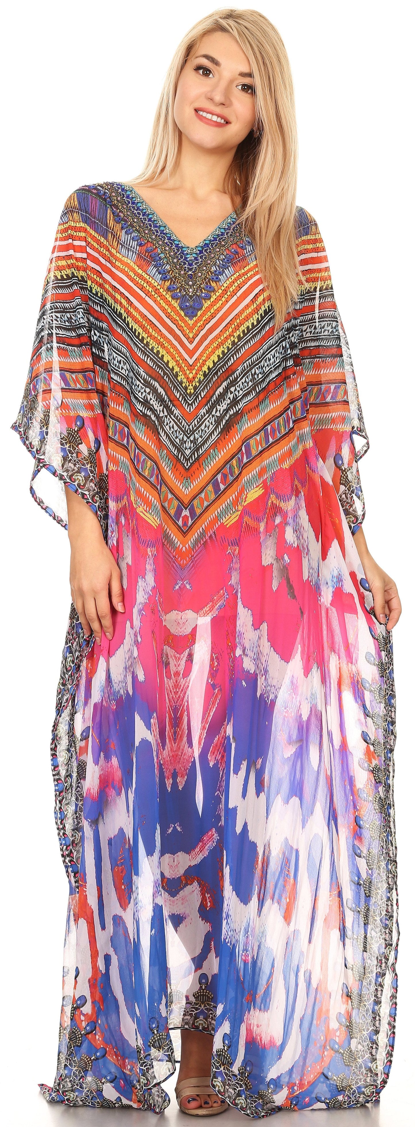 Sakkas Wilder Printed Design Long Sheer Rhinestone Caftan Dress / Cover Up - Concordia Style Boutique