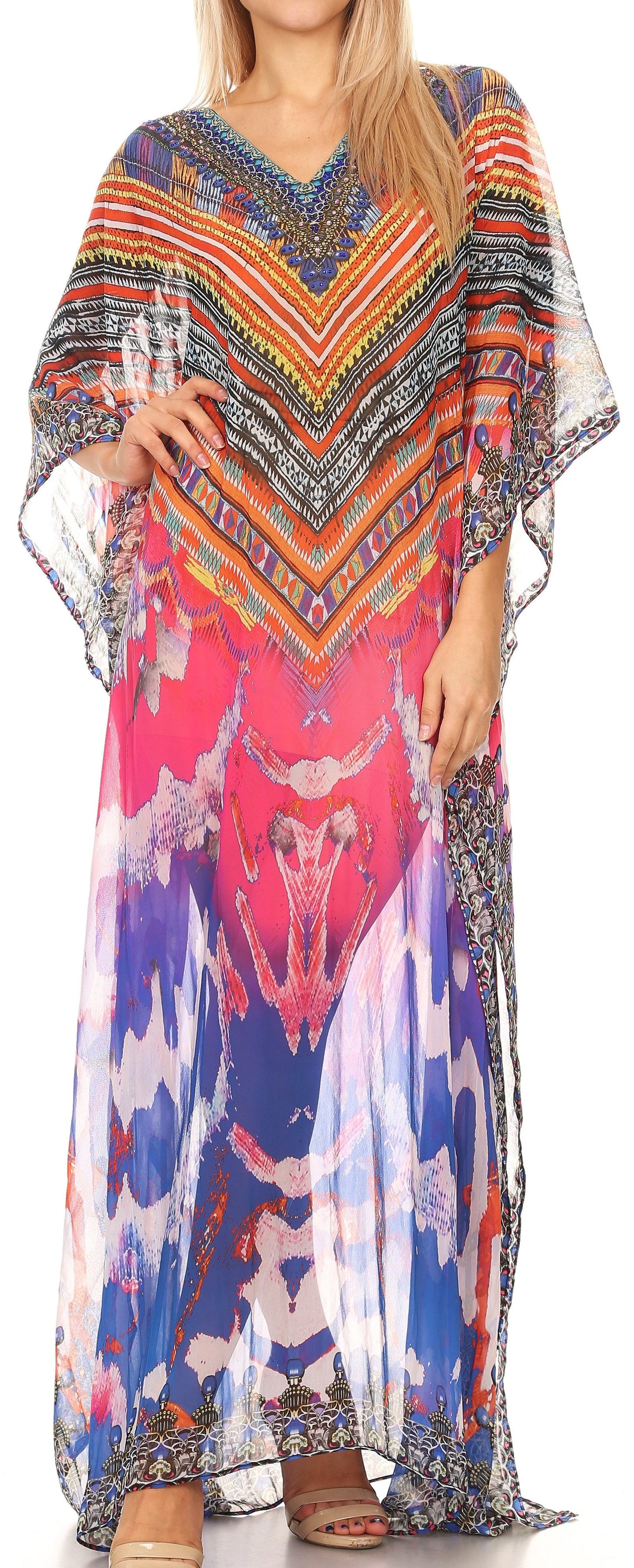 Sakkas Wilder Printed Design Long Sheer Rhinestone Caftan Dress / Cover Up - Concordia Style Boutique