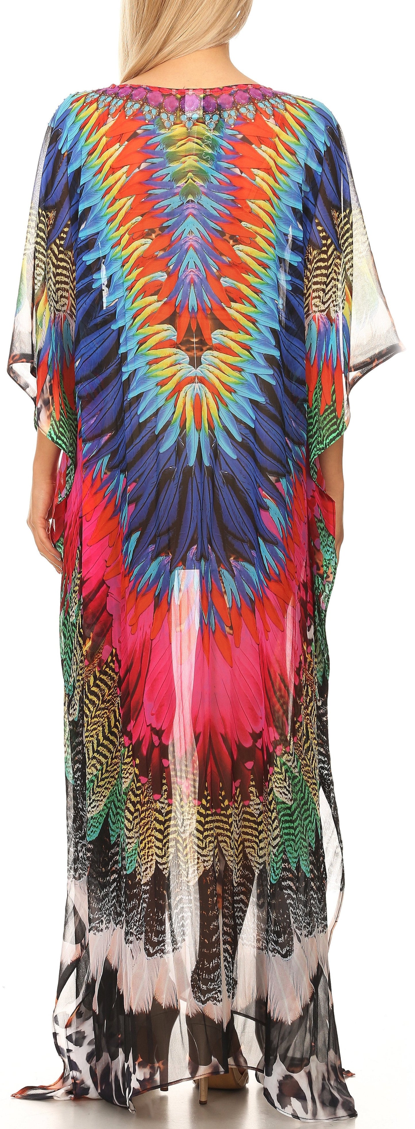 Sakkas Wilder Printed Design Long Sheer Rhinestone Caftan Dress / Cover Up - Concordia Style Boutique