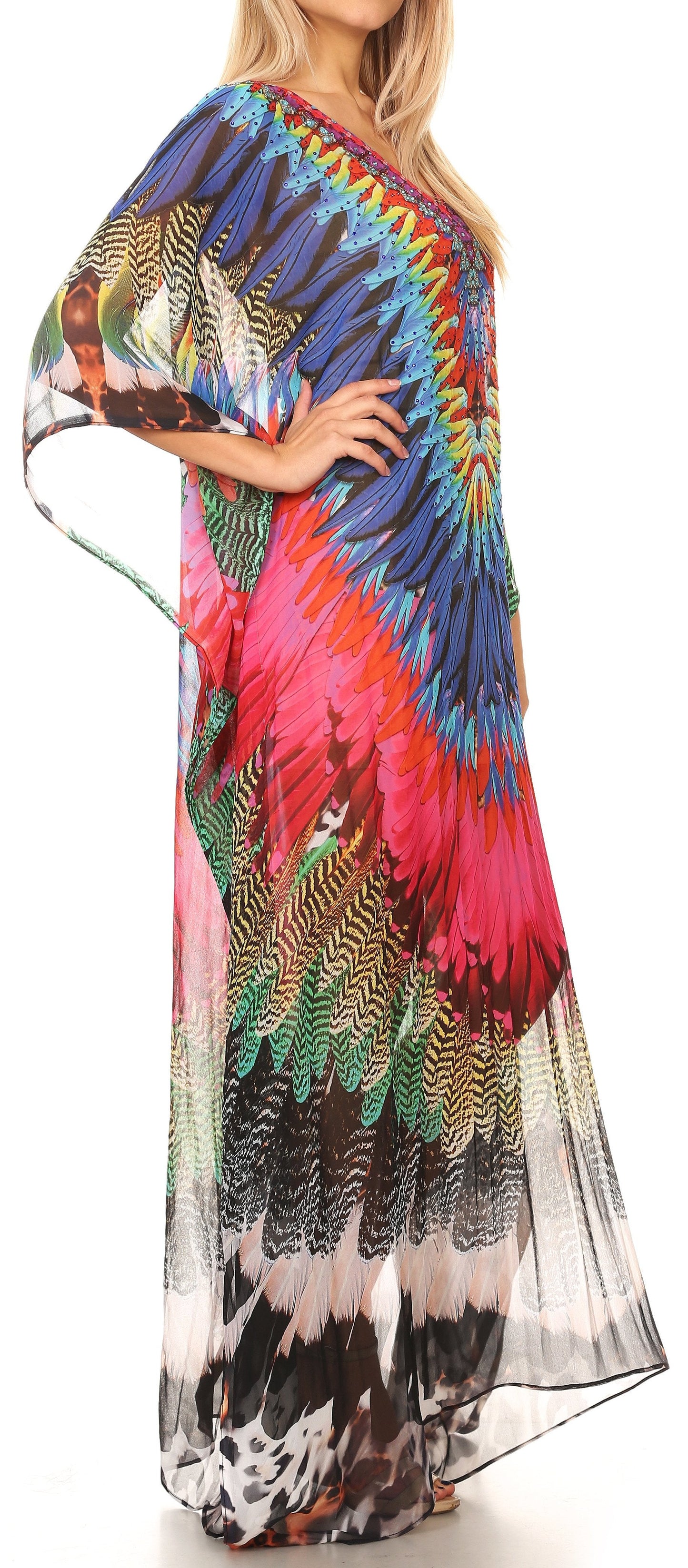 Sakkas Wilder Printed Design Long Sheer Rhinestone Caftan Dress / Cover Up - Concordia Style Boutique