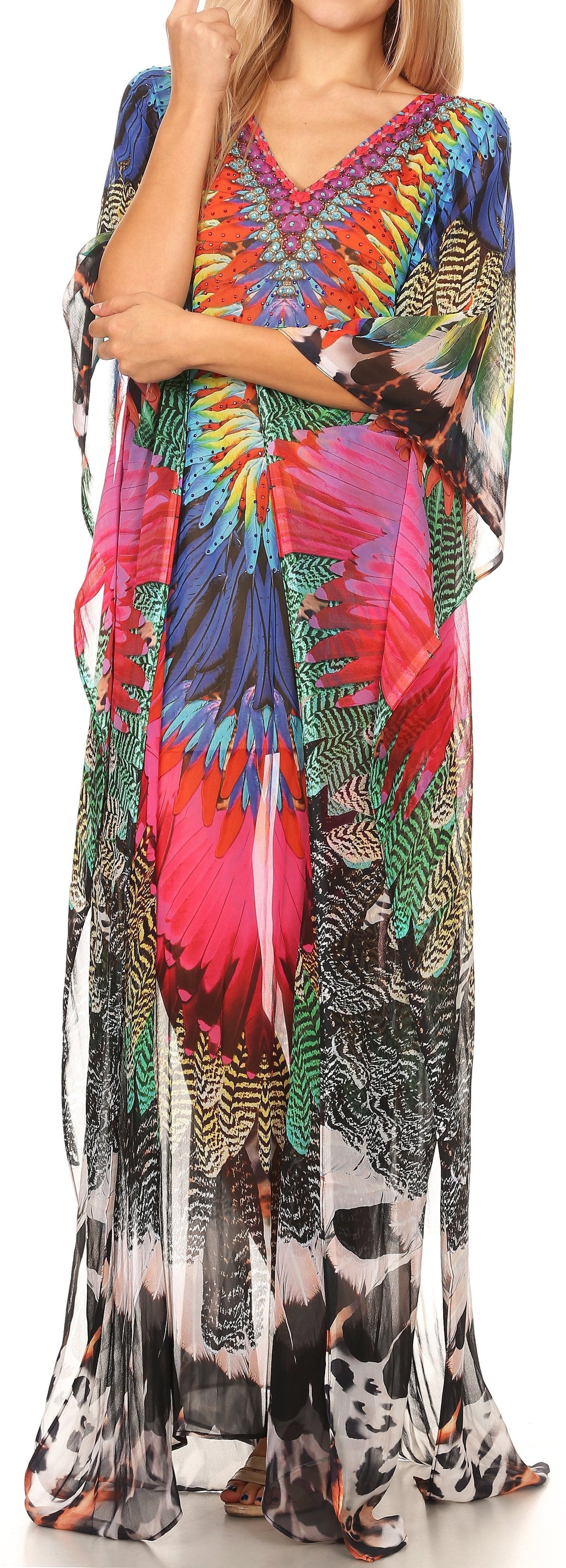 Sakkas Wilder Printed Design Long Sheer Rhinestone Caftan Dress / Cover Up - Concordia Style Boutique