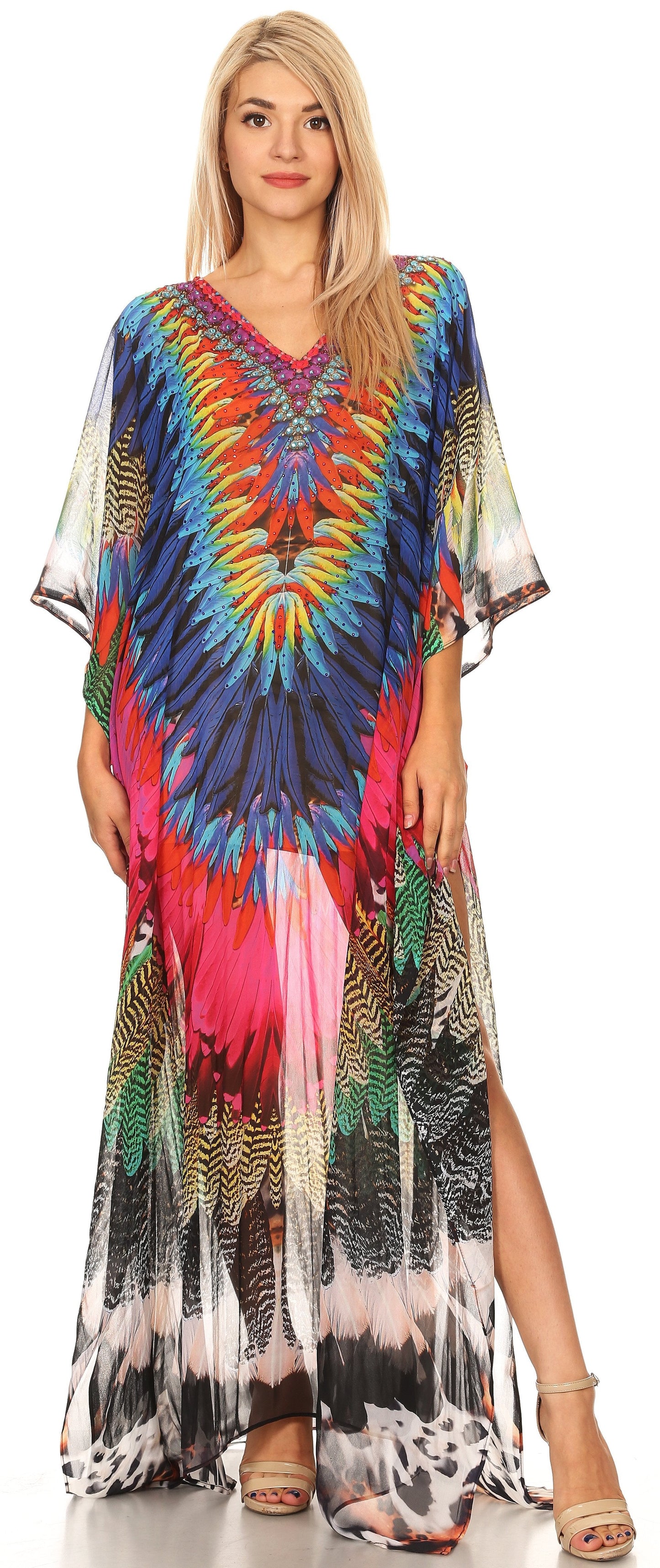 Sakkas Wilder Printed Design Long Sheer Rhinestone Caftan Dress / Cover Up - Concordia Style Boutique