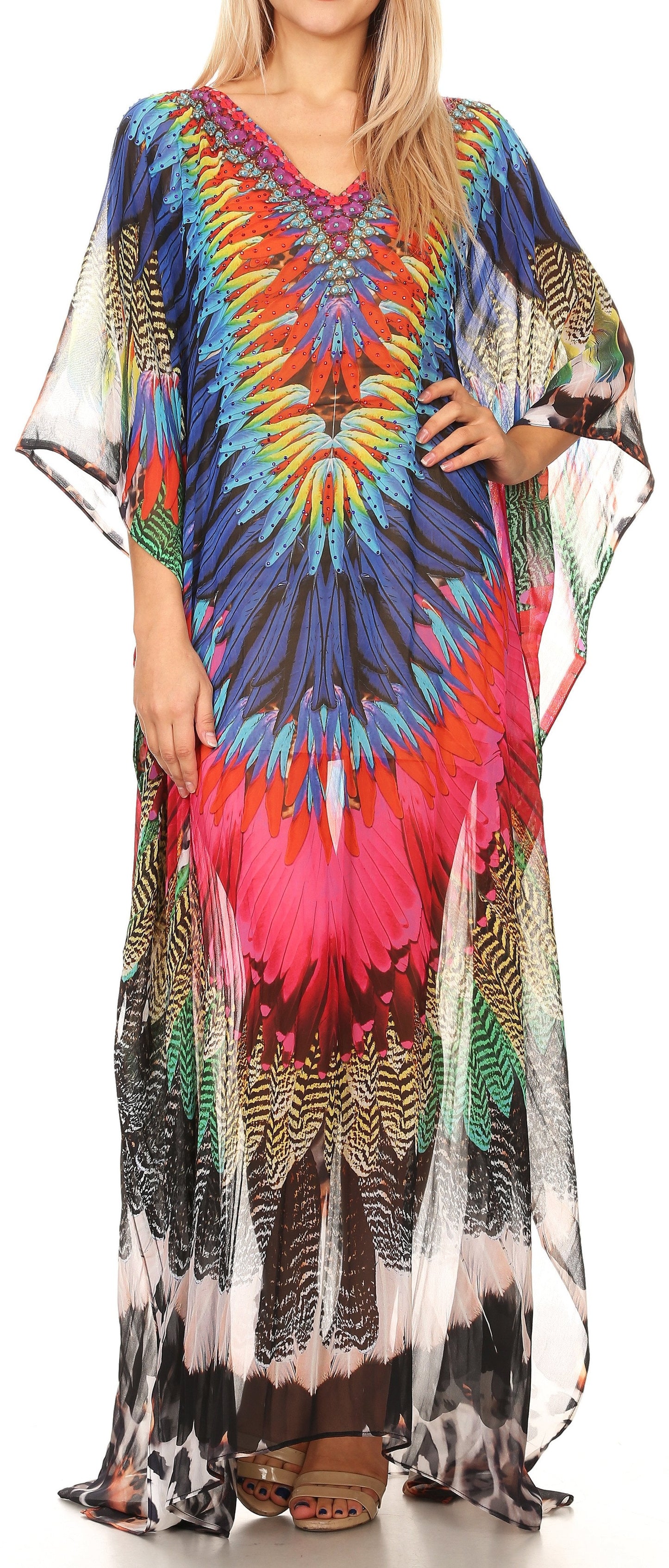 Sakkas Wilder Printed Design Long Sheer Rhinestone Caftan Dress / Cover Up - Concordia Style Boutique