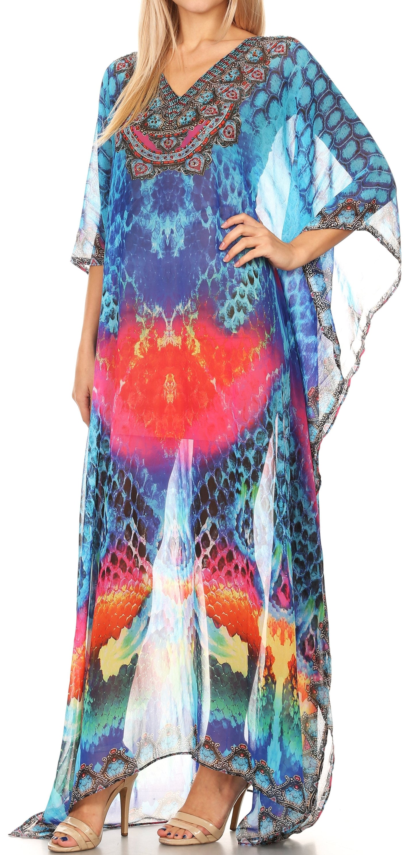 Sakkas Wilder Printed Design Long Sheer Rhinestone Caftan Dress / Cover Up - Concordia Style Boutique