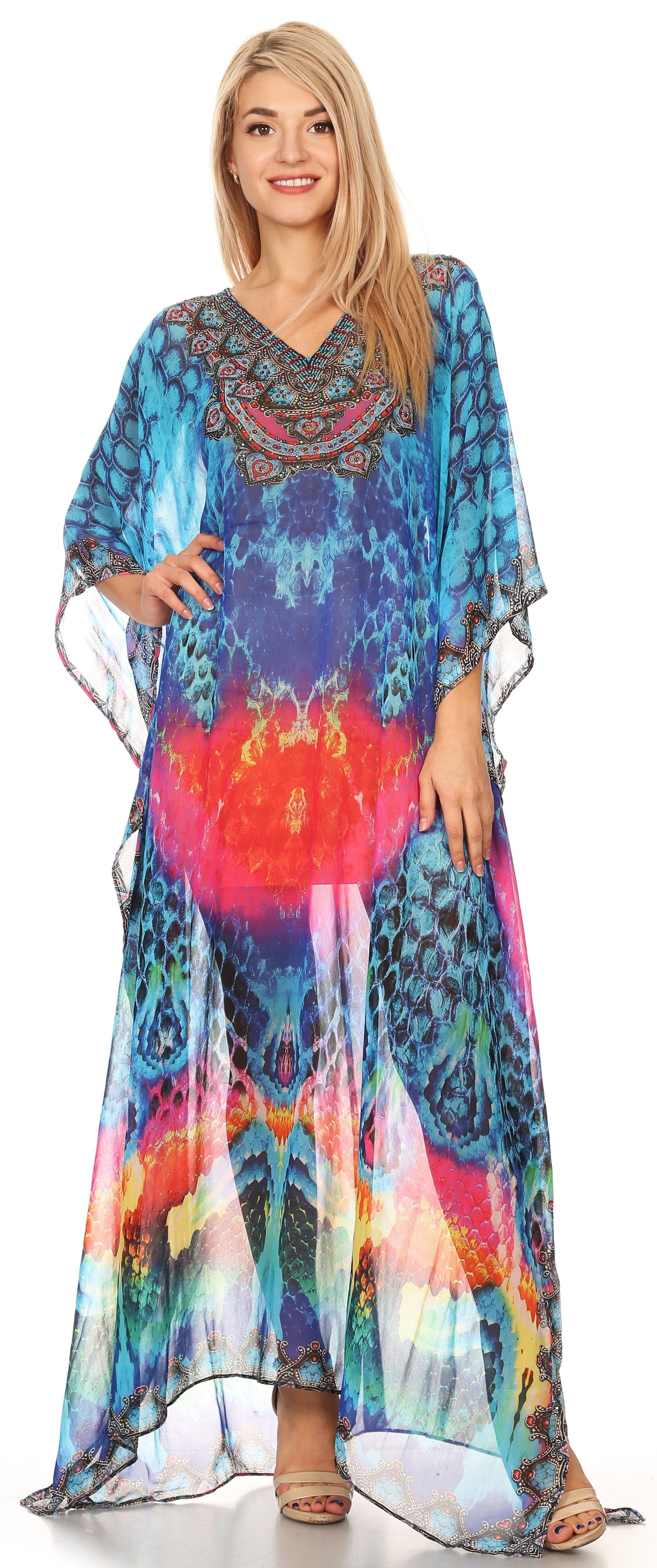 Sakkas Wilder Printed Design Long Sheer Rhinestone Caftan Dress / Cover Up - Concordia Style Boutique