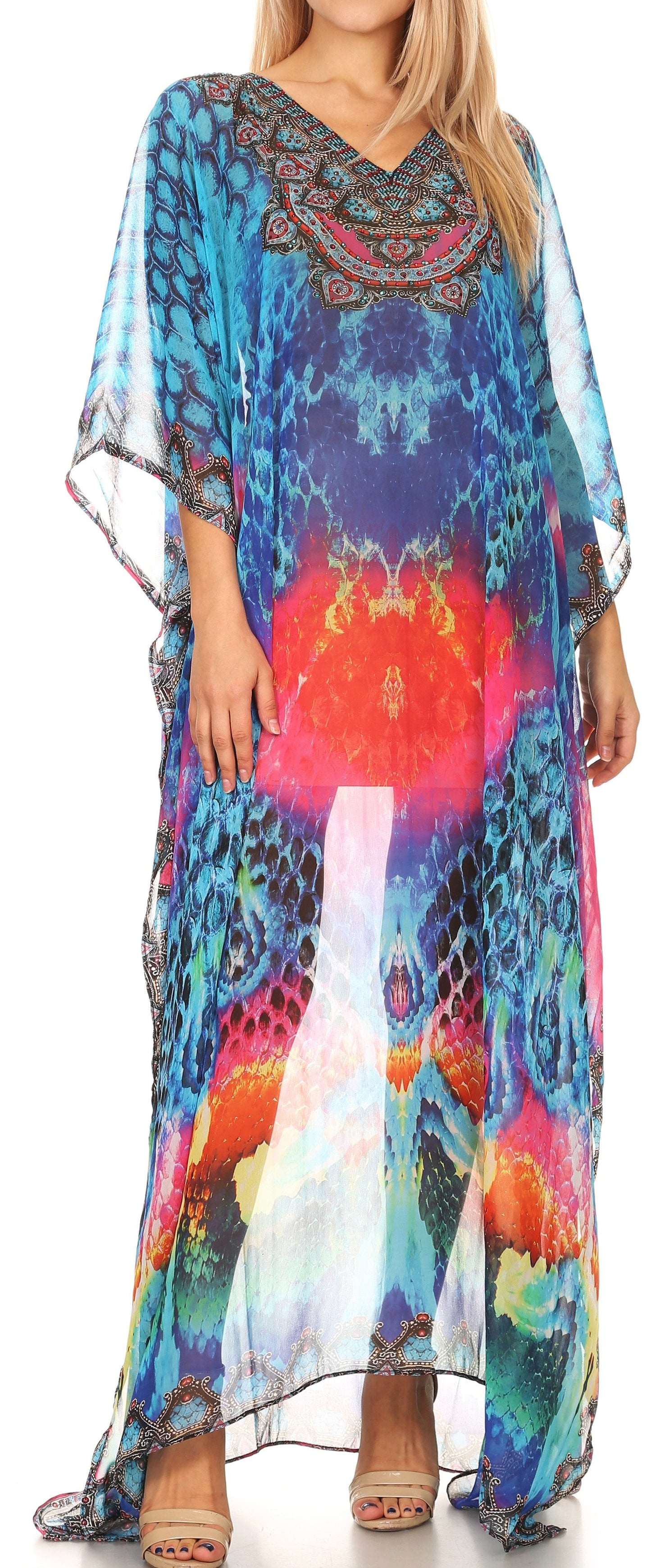 Sakkas Wilder Printed Design Long Sheer Rhinestone Caftan Dress / Cover Up - Concordia Style Boutique
