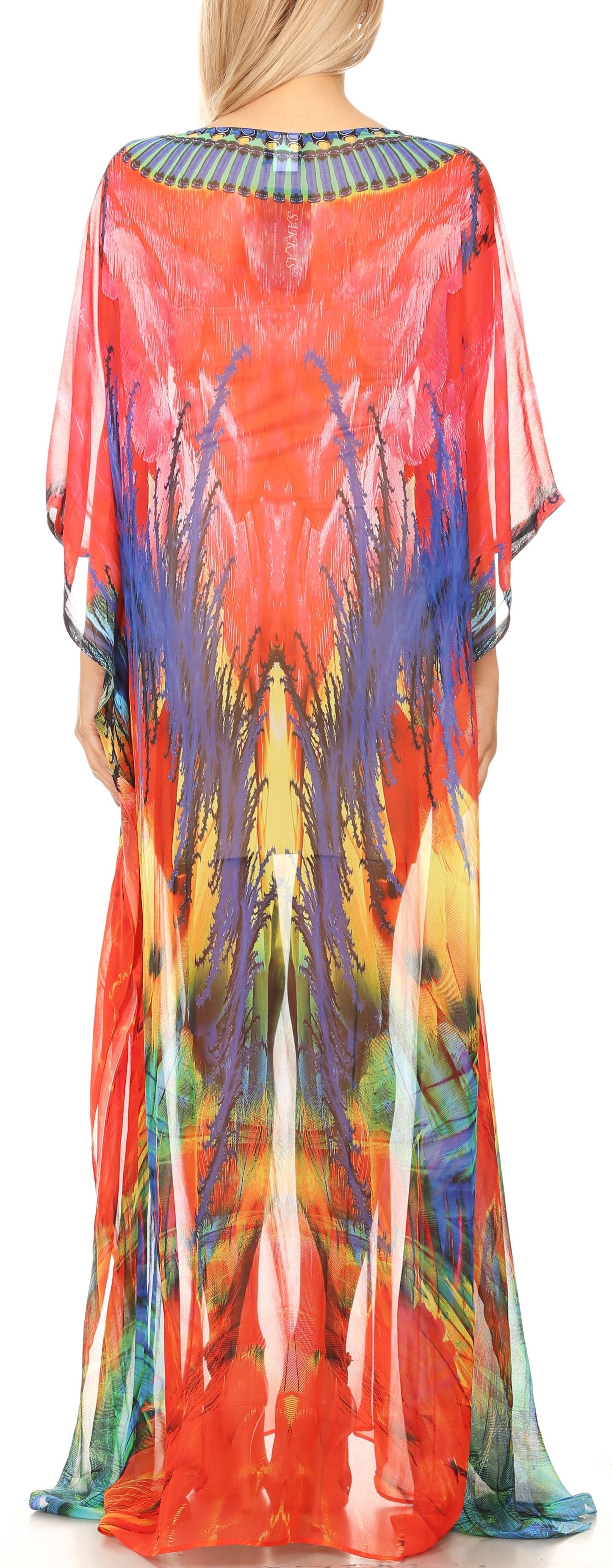 Sakkas Wilder Printed Design Long Sheer Rhinestone Caftan Dress / Cover Up - Concordia Style Boutique