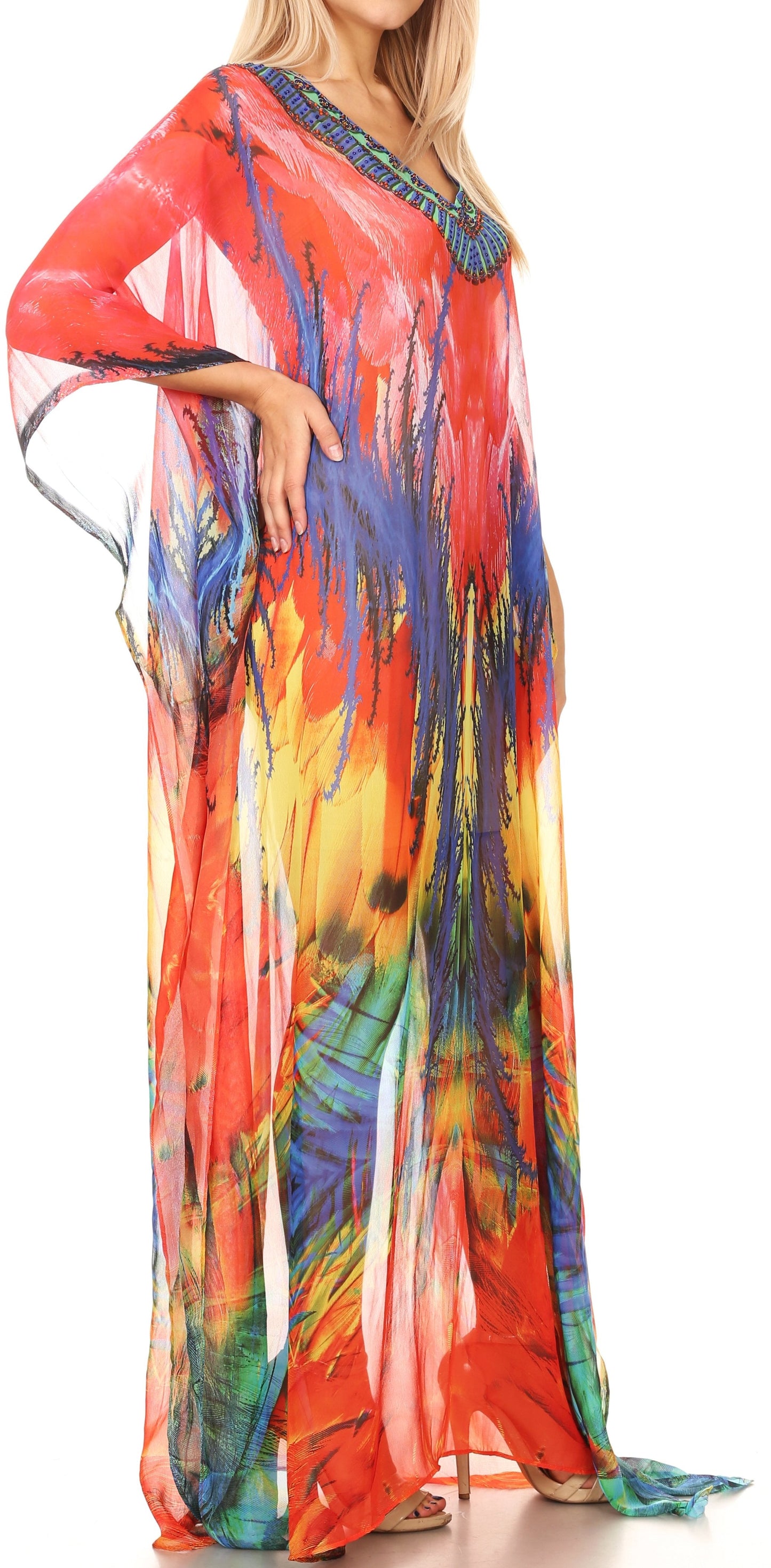 Sakkas Wilder Printed Design Long Sheer Rhinestone Caftan Dress / Cover Up - Concordia Style Boutique
