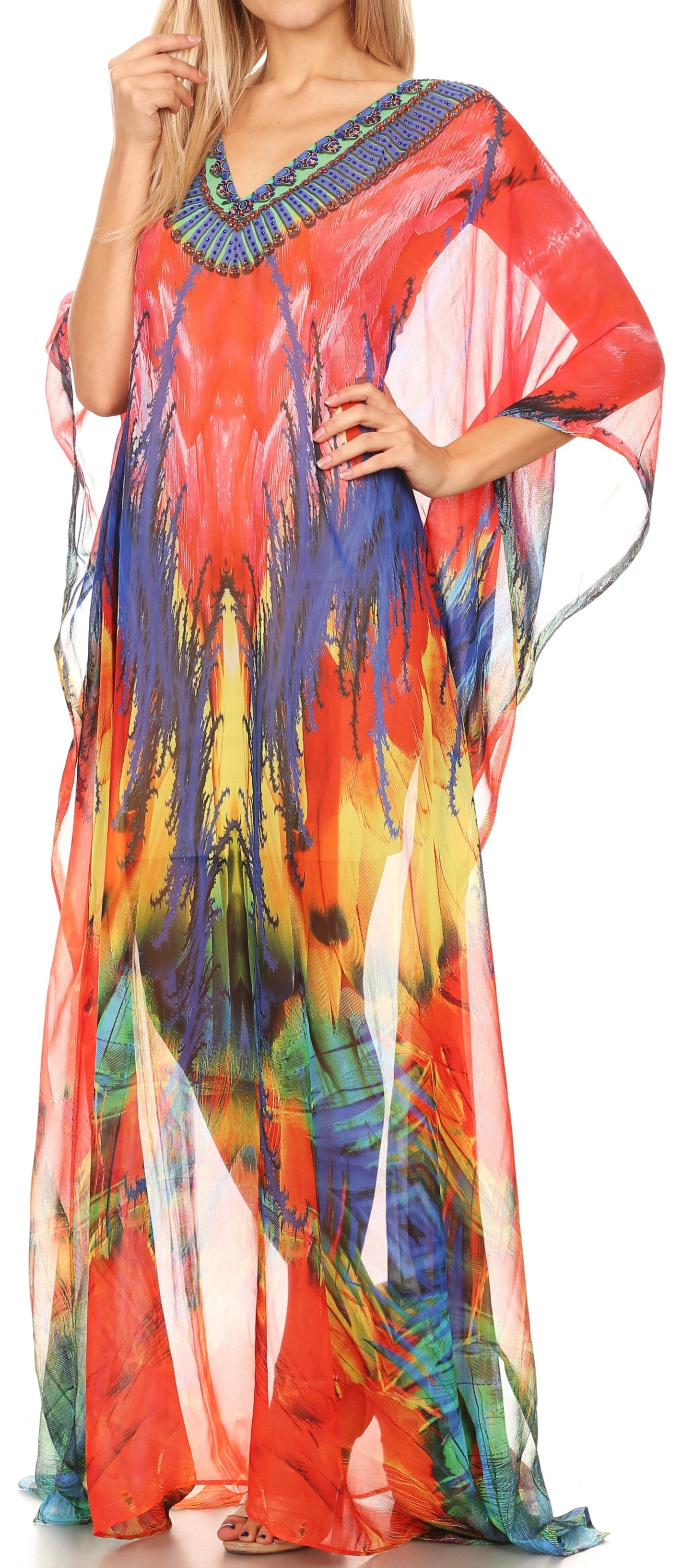 Sakkas Wilder Printed Design Long Sheer Rhinestone Caftan Dress / Cover Up - Concordia Style Boutique