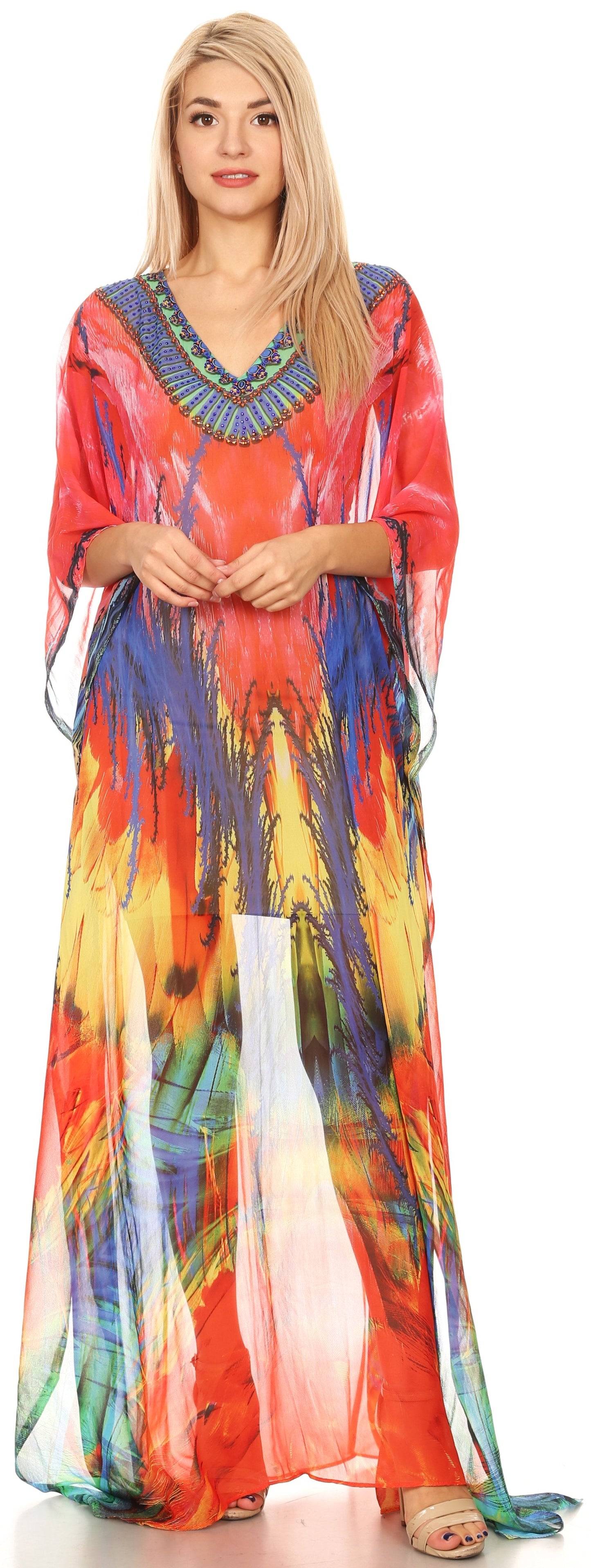 Sakkas Wilder Printed Design Long Sheer Rhinestone Caftan Dress / Cover Up - Concordia Style Boutique