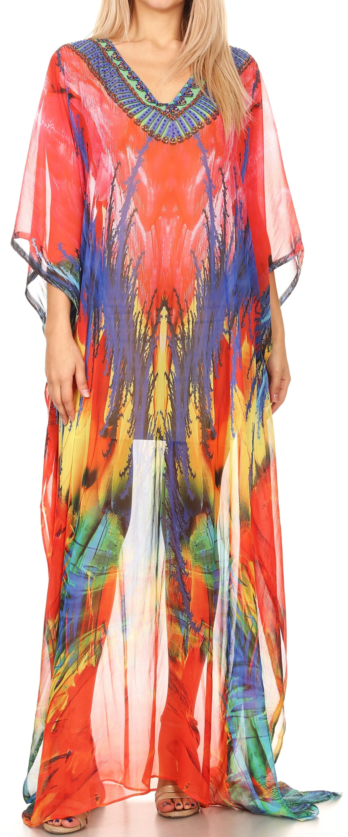 Sakkas Wilder Printed Design Long Sheer Rhinestone Caftan Dress / Cover Up - Concordia Style Boutique