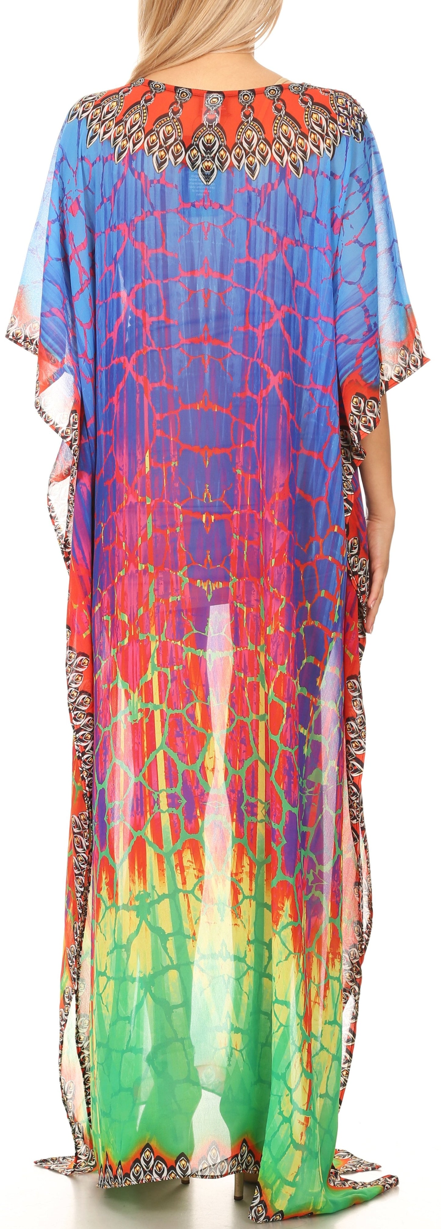 Sakkas Wilder Printed Design Long Sheer Rhinestone Caftan Dress / Cover Up - Concordia Style Boutique