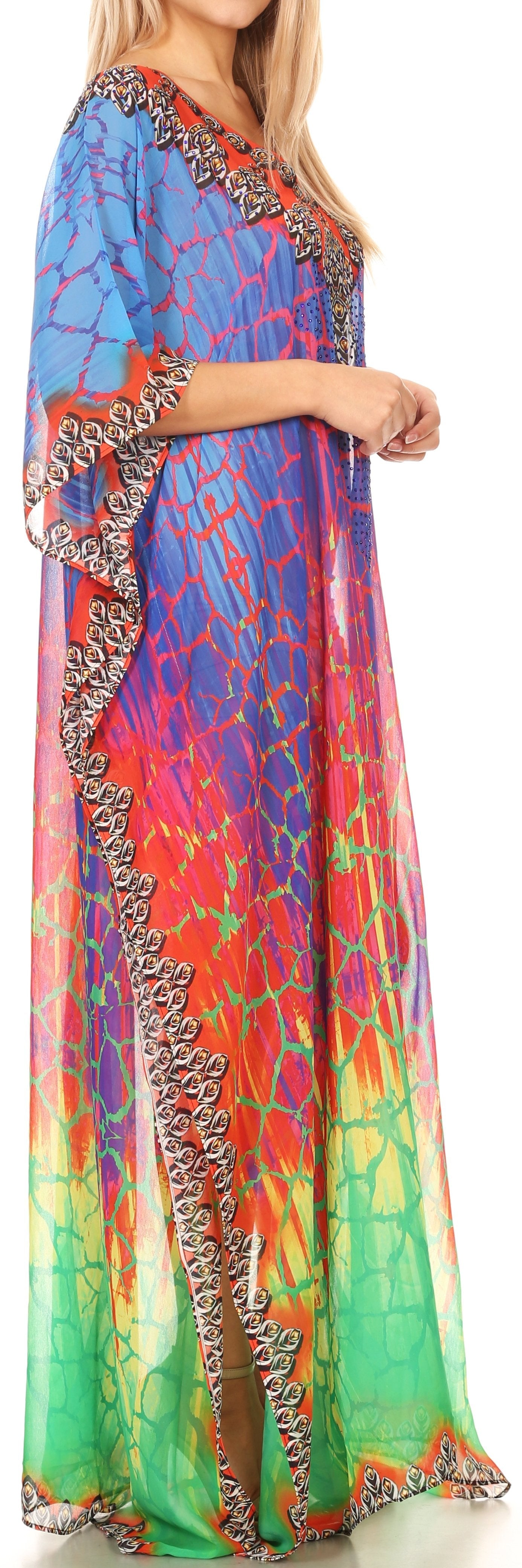 Sakkas Wilder Printed Design Long Sheer Rhinestone Caftan Dress / Cover Up - Concordia Style Boutique