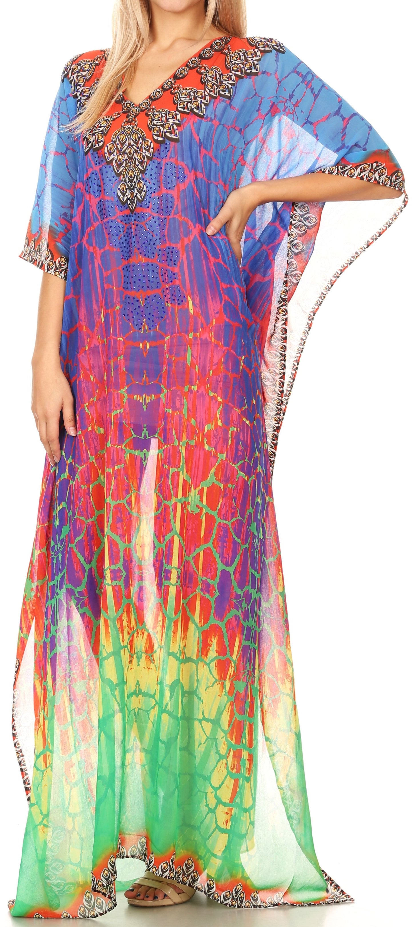Sakkas Wilder Printed Design Long Sheer Rhinestone Caftan Dress / Cover Up - Concordia Style Boutique
