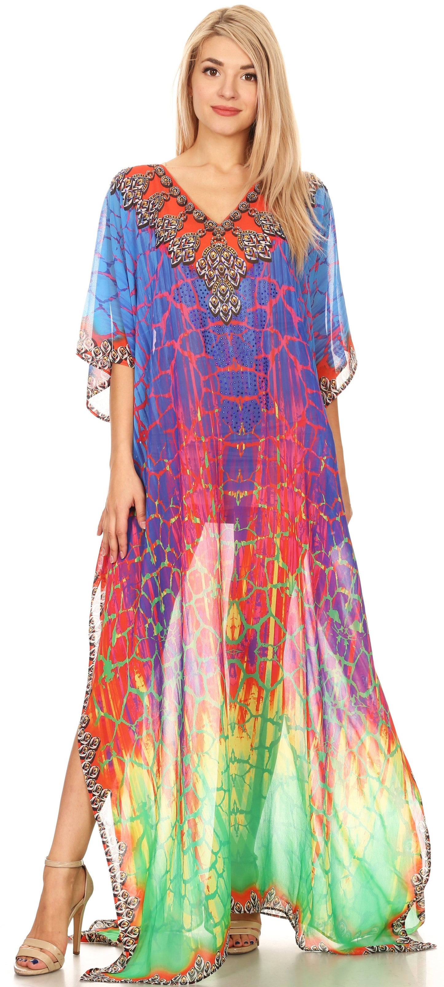 Sakkas Wilder Printed Design Long Sheer Rhinestone Caftan Dress / Cover Up - Concordia Style Boutique