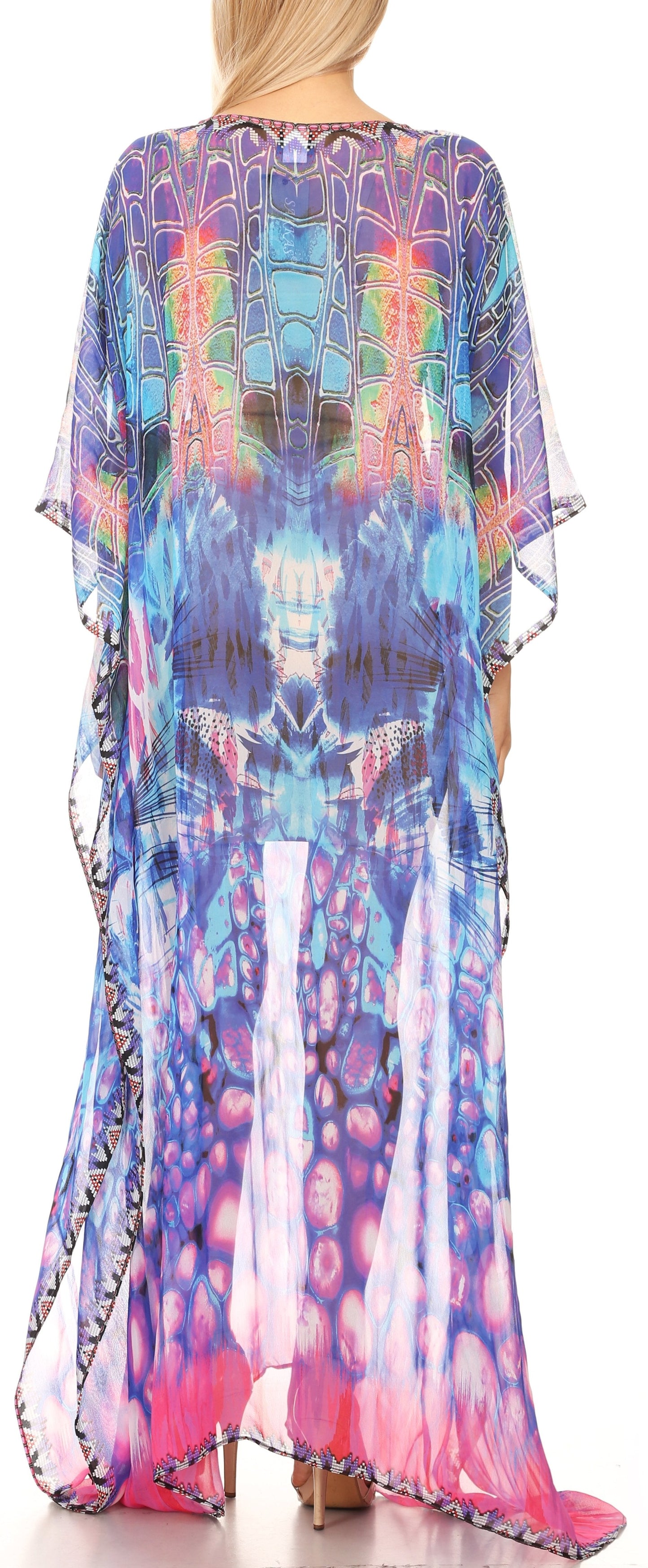 Sakkas Wilder Printed Design Long Sheer Rhinestone Caftan Dress / Cover Up - Concordia Style Boutique