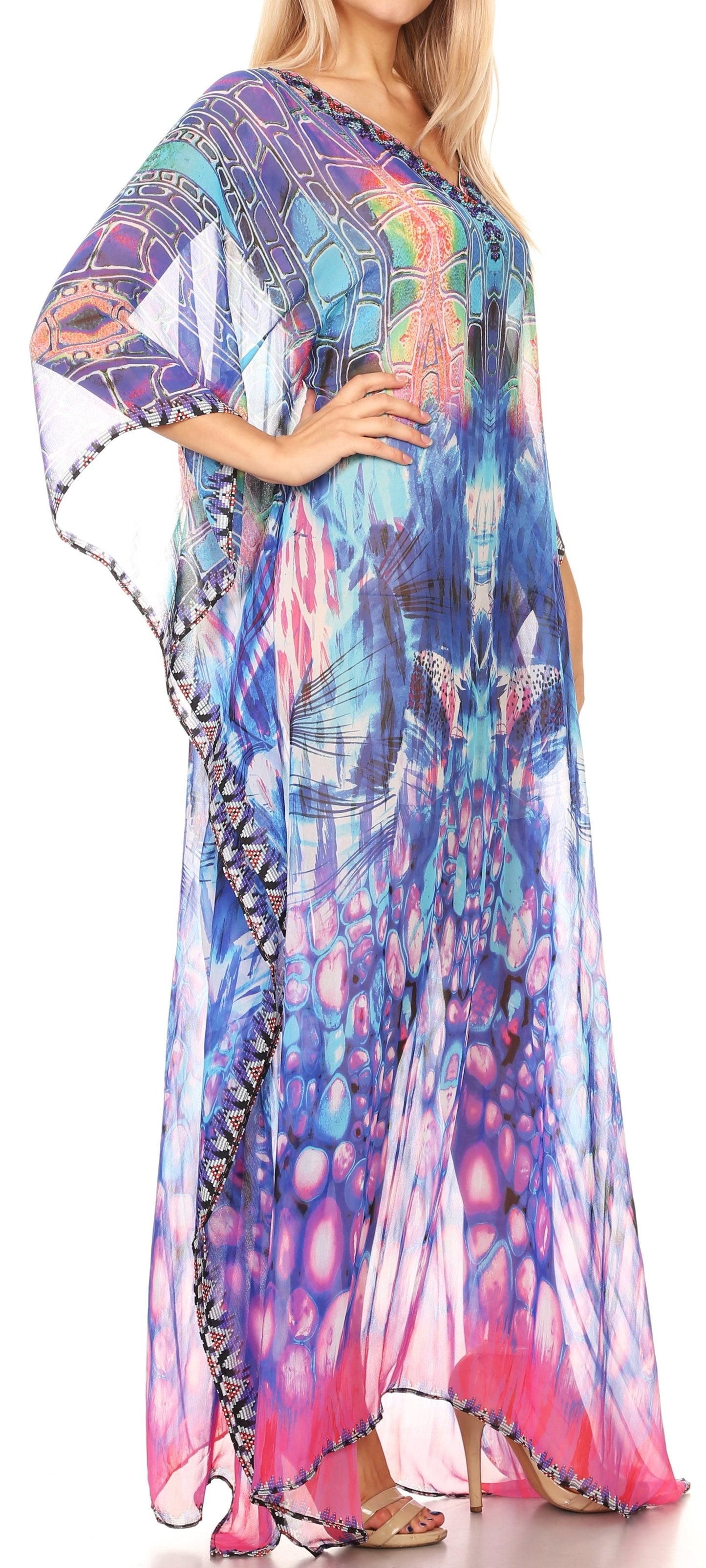 Sakkas Wilder Printed Design Long Sheer Rhinestone Caftan Dress / Cover Up - Concordia Style Boutique