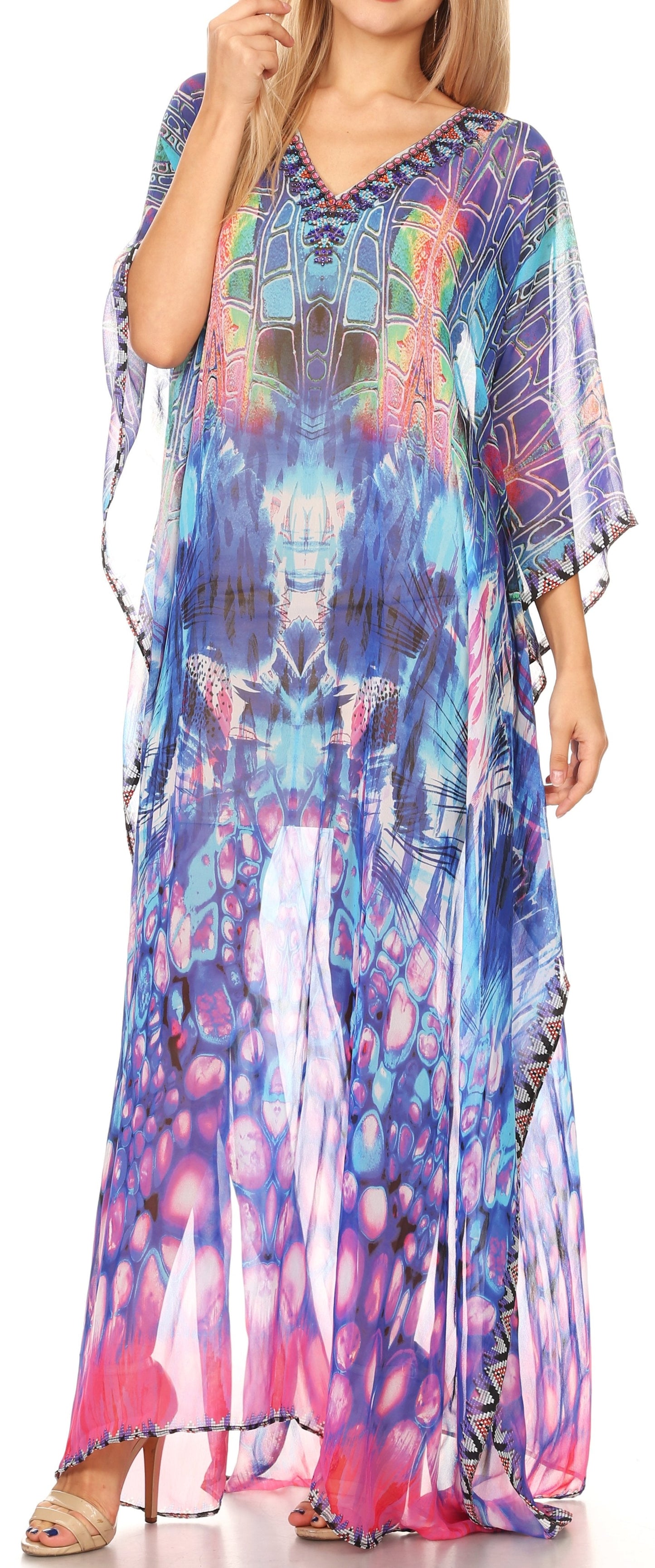 Sakkas Wilder Printed Design Long Sheer Rhinestone Caftan Dress / Cover Up - Concordia Style Boutique