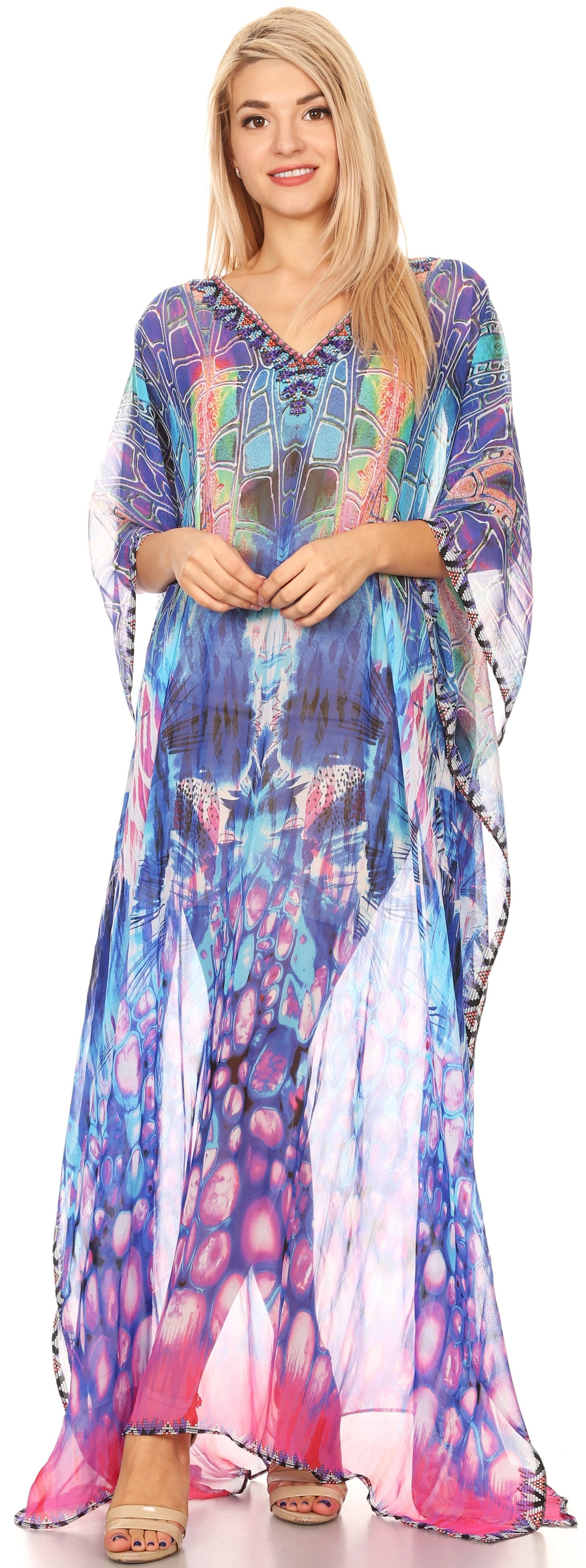 Sakkas Wilder Printed Design Long Sheer Rhinestone Caftan Dress / Cover Up - Concordia Style Boutique