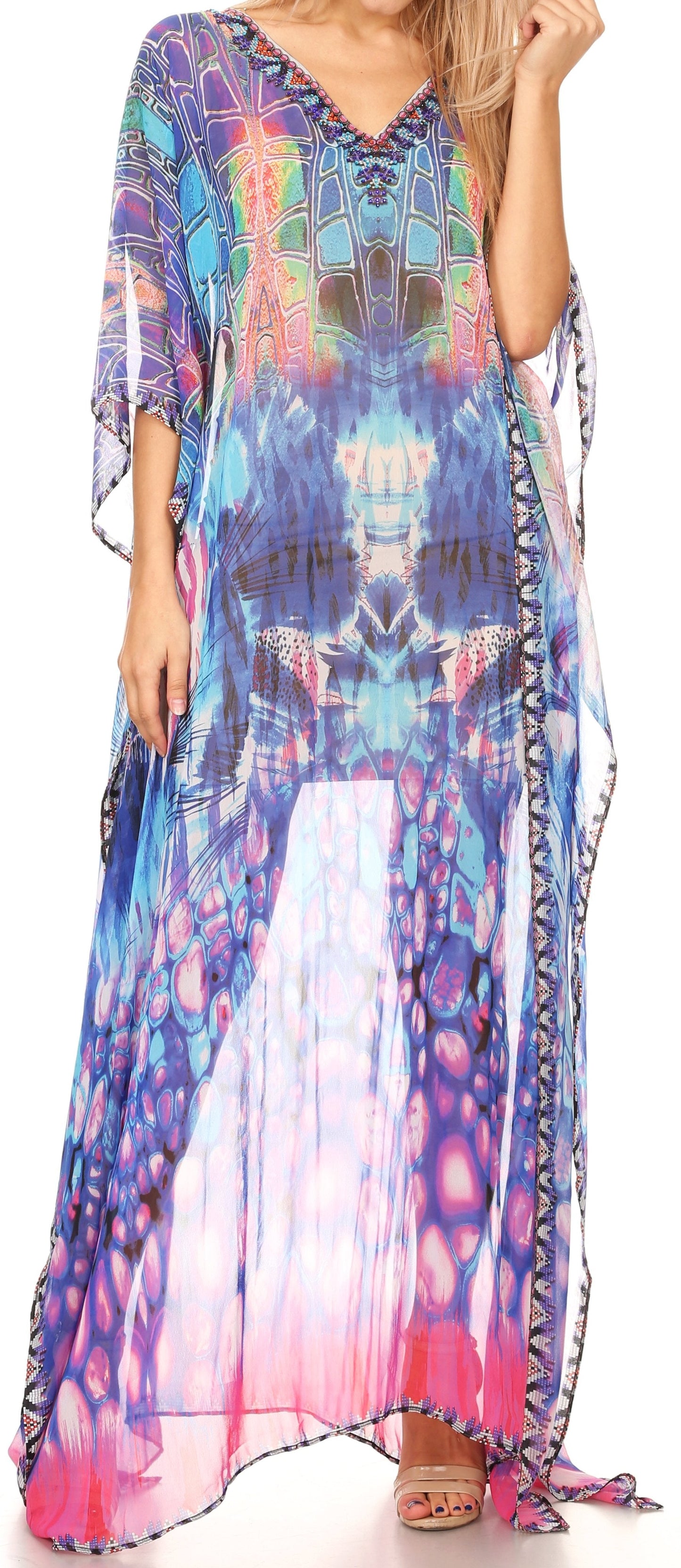 Sakkas Wilder Printed Design Long Sheer Rhinestone Caftan Dress / Cover Up - Concordia Style Boutique