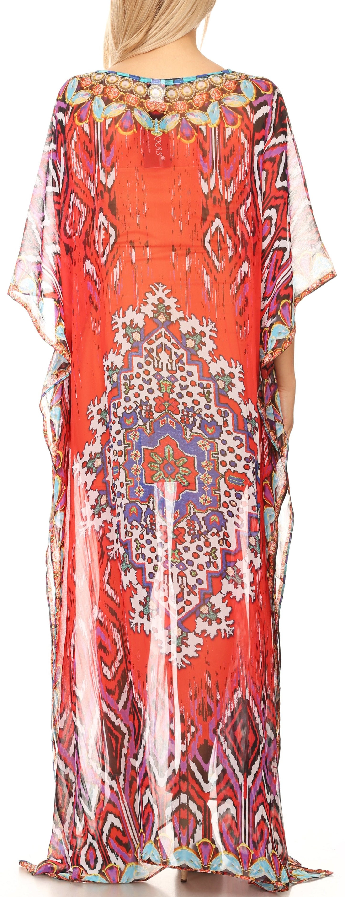 Sakkas Wilder Printed Design Long Sheer Rhinestone Caftan Dress / Cover Up - Concordia Style Boutique