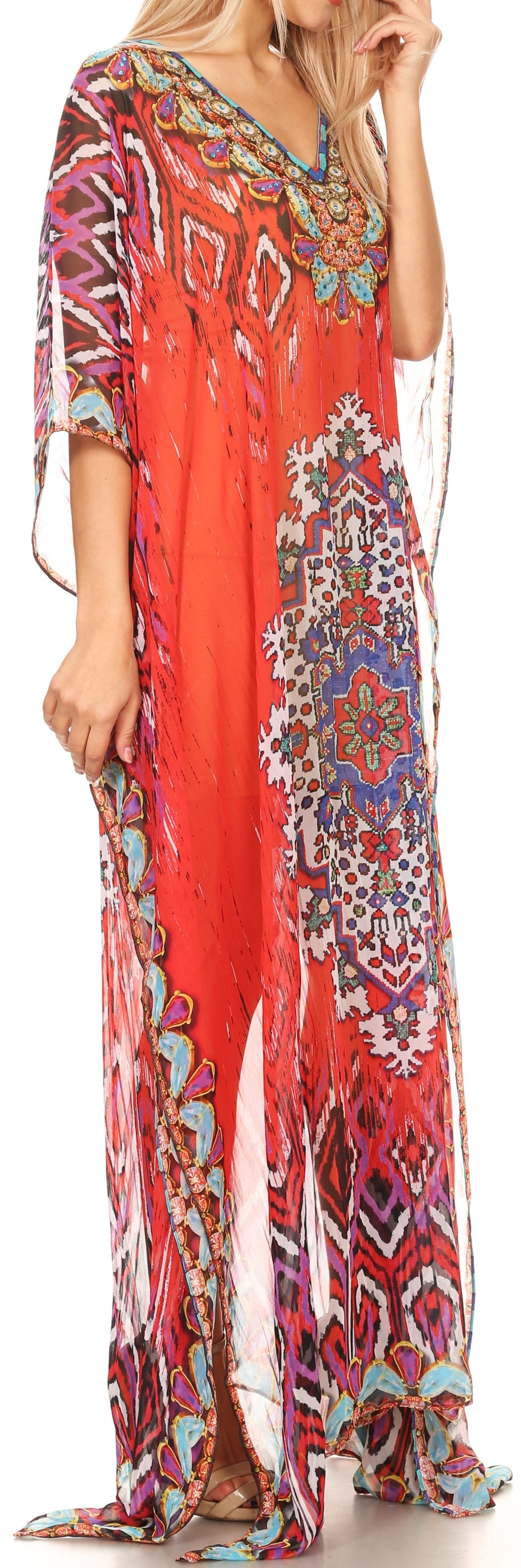 Sakkas Wilder Printed Design Long Sheer Rhinestone Caftan Dress / Cover Up - Concordia Style Boutique