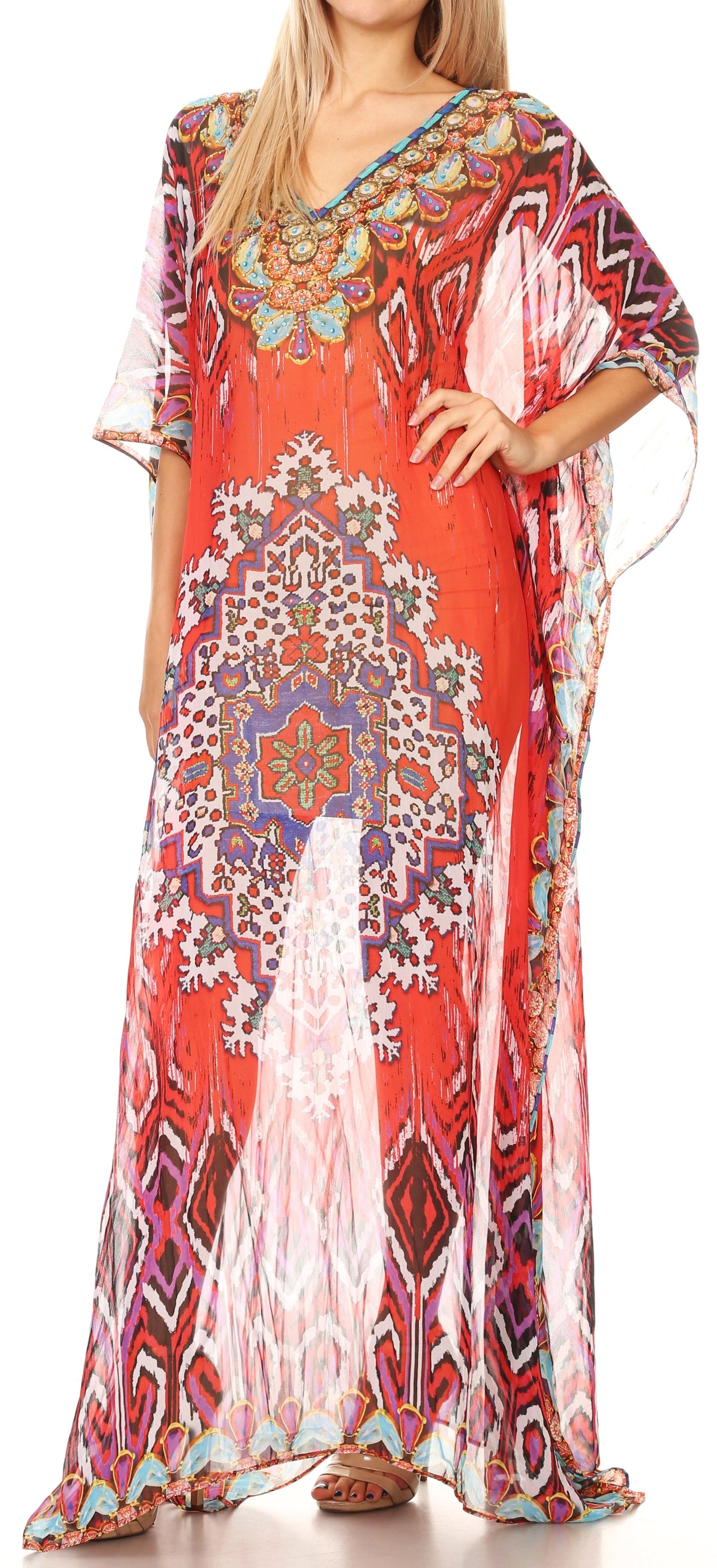 Sakkas Wilder Printed Design Long Sheer Rhinestone Caftan Dress / Cover Up - Concordia Style Boutique