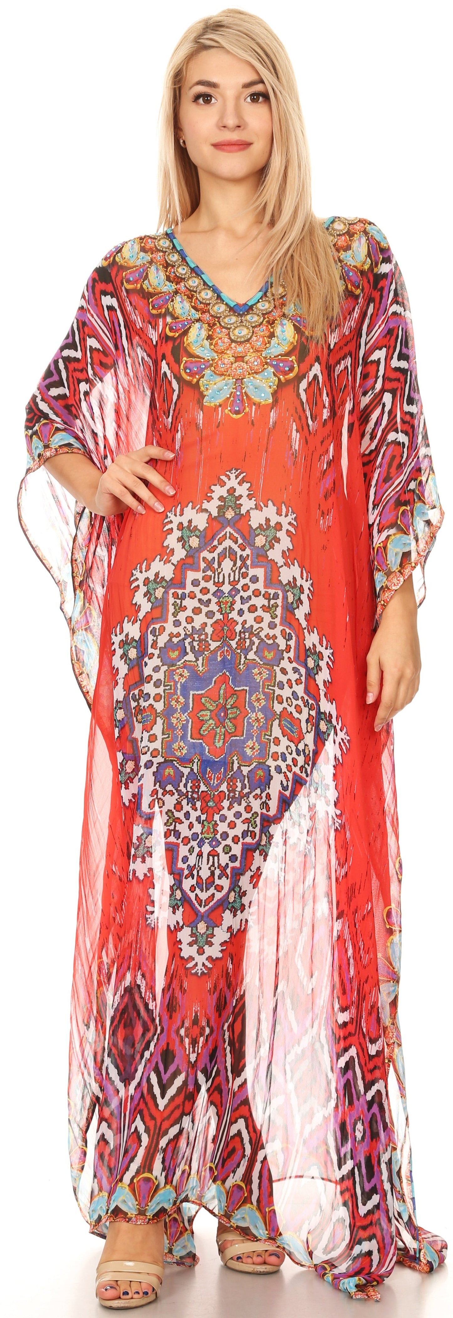 Sakkas Wilder Printed Design Long Sheer Rhinestone Caftan Dress / Cover Up - Concordia Style Boutique