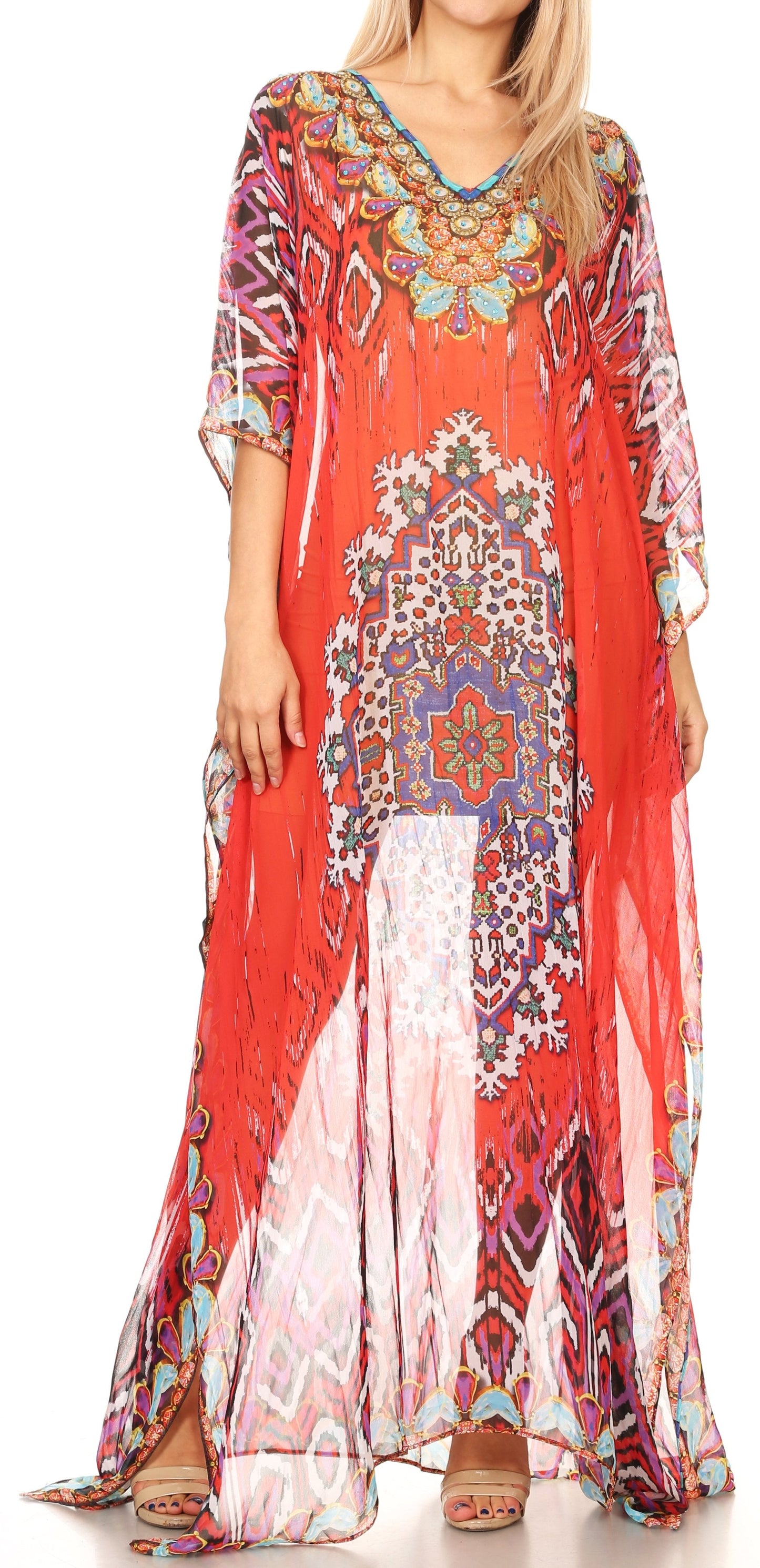 Sakkas Wilder Printed Design Long Sheer Rhinestone Caftan Dress / Cover Up - Concordia Style Boutique