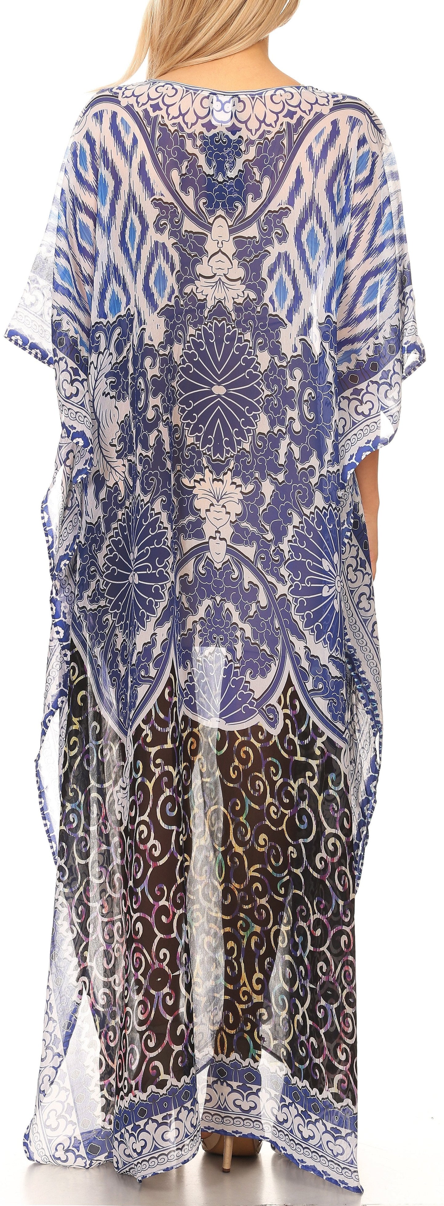 Sakkas Wilder Printed Design Long Sheer Rhinestone Caftan Dress / Cover Up - Concordia Style Boutique